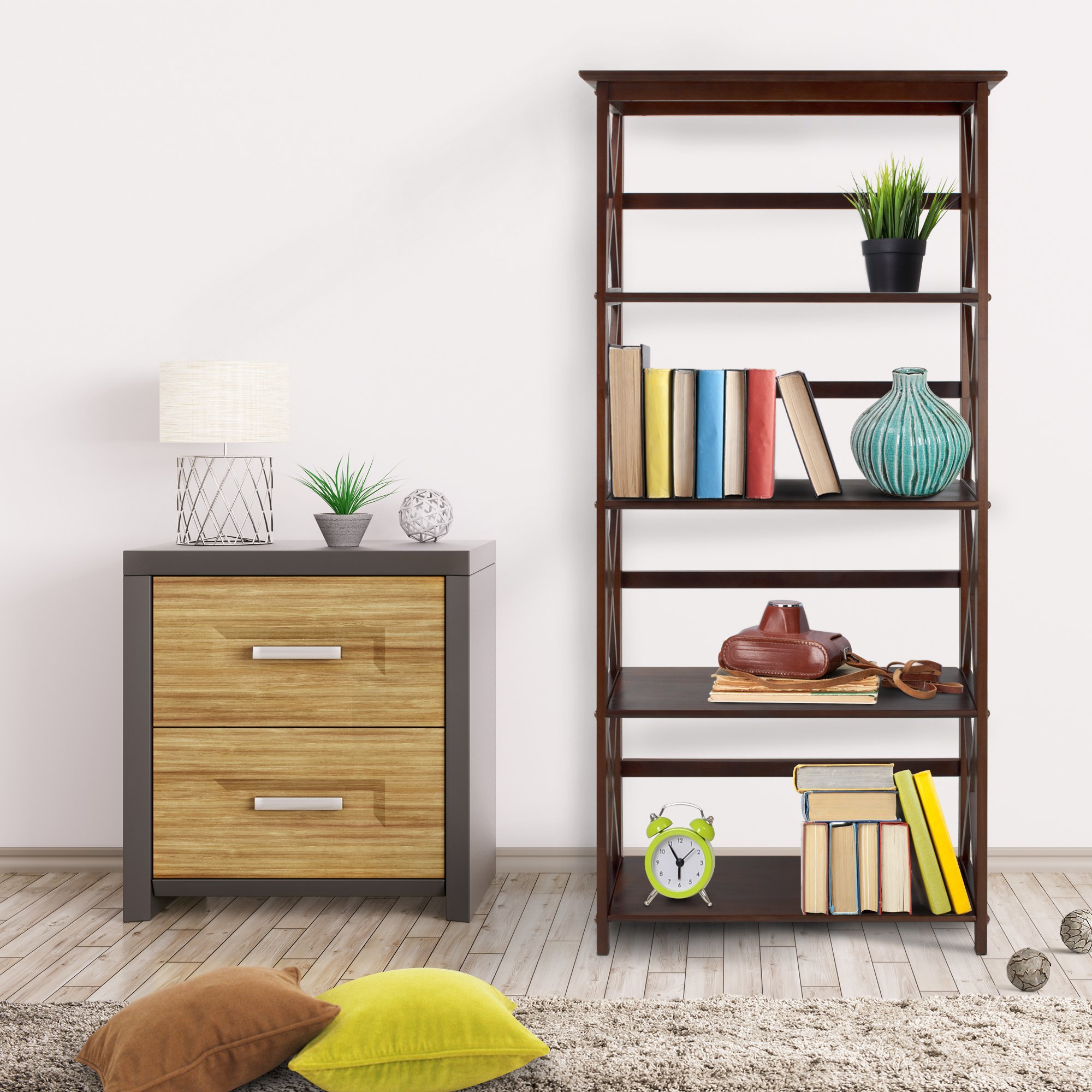 Stylish Wooden Bookshelf for Home & Office - Modern Bookcase with 5-Tier Storage, Perfect for Living Room, Bedroom, or Study - Space-Saving Furniture for Books, Decor & Essentials