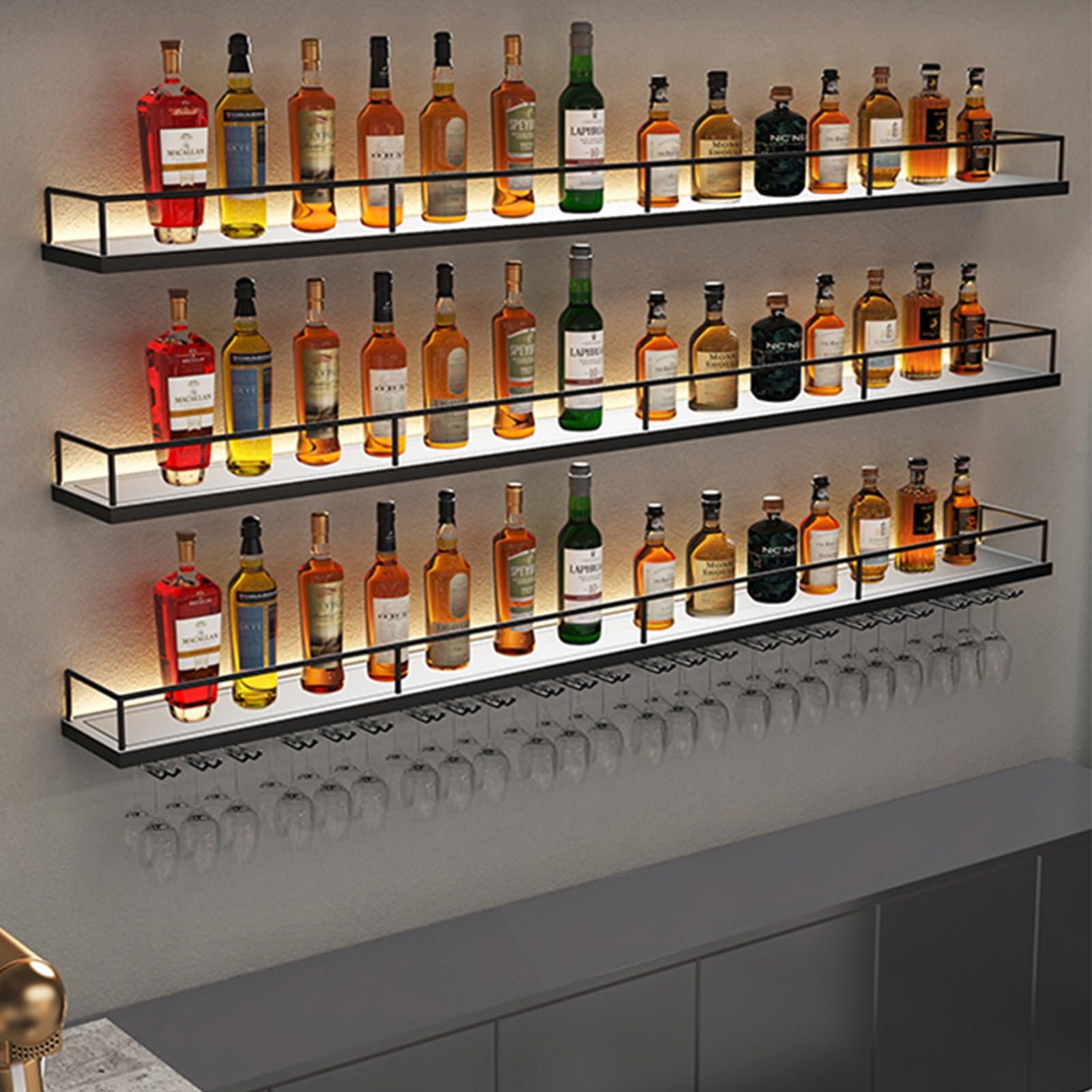 Simple Home Wall Mounted Metal Bar Shelf for Liquor - Iron Wine Shelf with Glass Rack - Perfect for Living Room, Bar, Kitchen & Restaurant (Black)