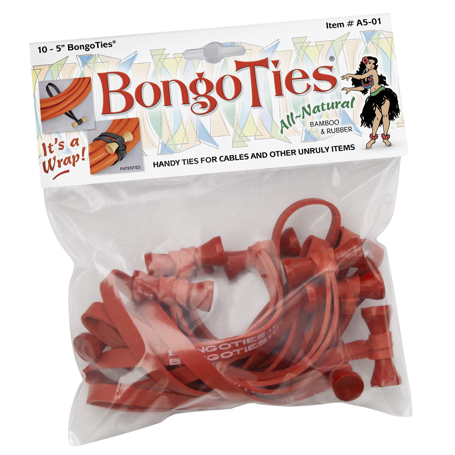 ALL RED Bongo Ties A5-01-R - 10 Pack | Natural Rubber & Bamboo Professional Cable Ties | Secure Wires, Cords & Organize Home/Office | Perfect for Electronics, DIY Projects & Cable Management