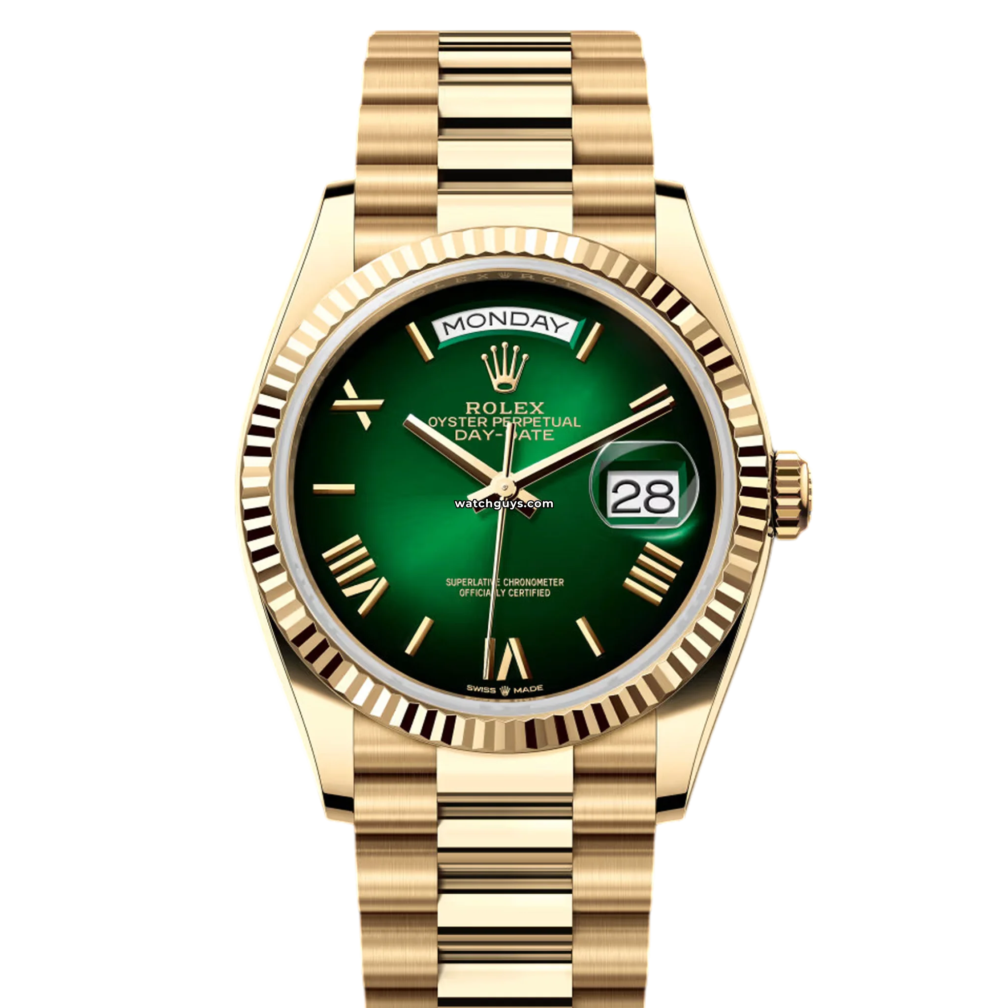 Rolex Day-Date 128238 36mm Men's Watch - Green Ombre Roman Dial, 18K Yellow Gold - Luxury Dress Watch for Business & Formal Occasions