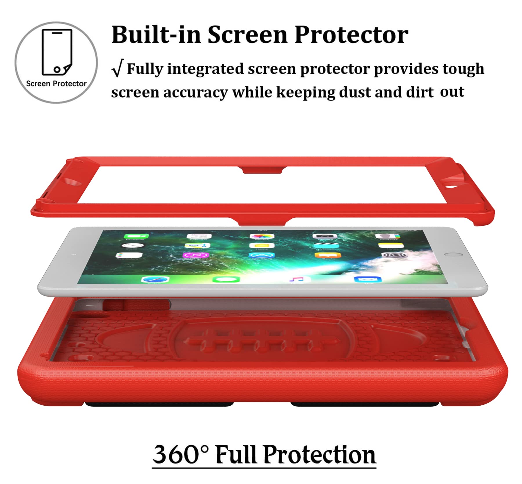 LTROP Shockproof Kids iPad Case for iPad 6th/5th Generation & iPad Air 2 (9.7 Inch 2018/2017) - Built-in Screen Protector with Handle Stand | Durable Protective Cover for Children's iPad 6/5/Air 2 | Perfect for School, Travel & Home Use (Red)
