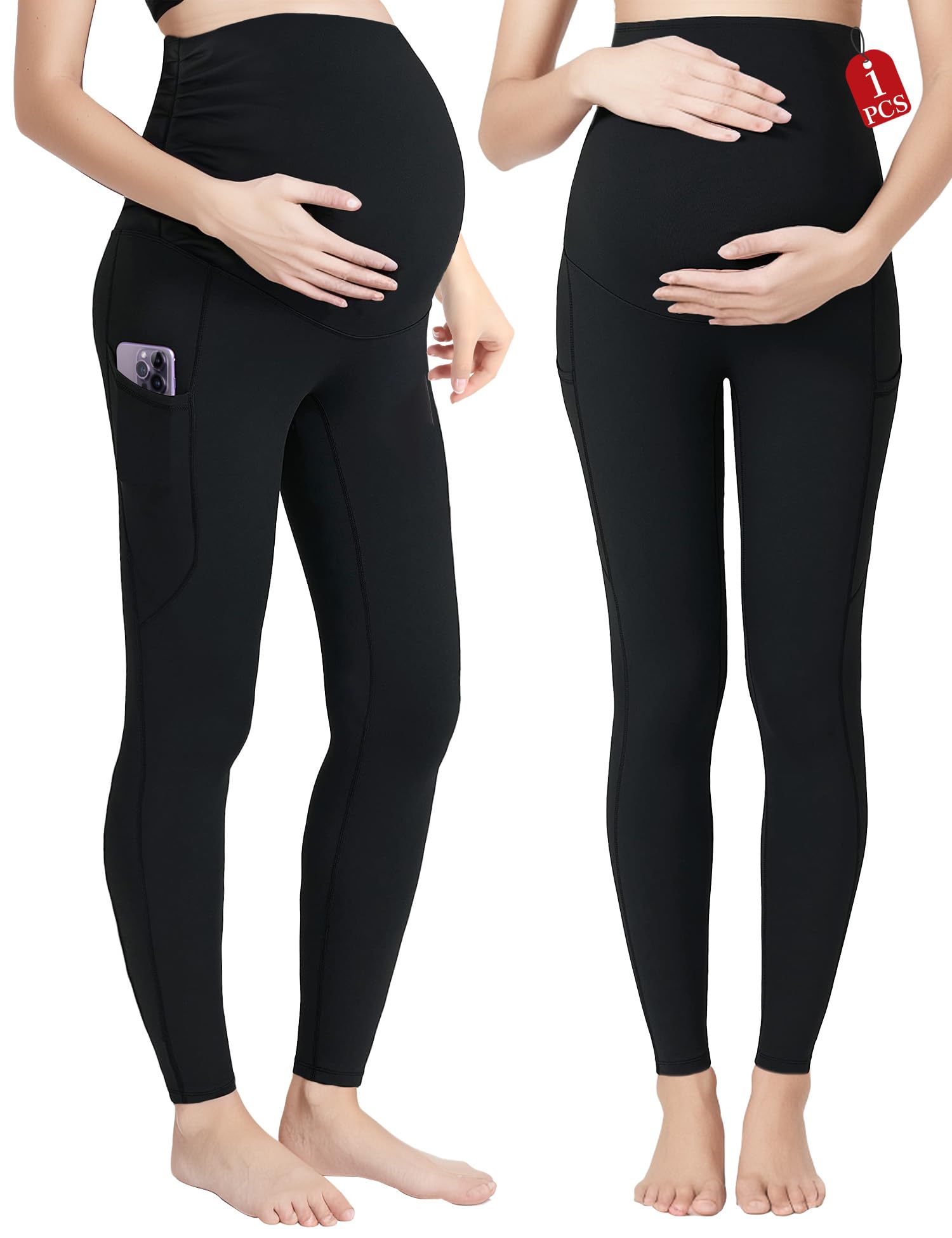 Buauty Women's Maternity Leggings - Over The Belly Pregnancy Yoga Pants with Pockets, Non-See-Through Active Workout Pants for Yoga, Gym & Everyday Comfort