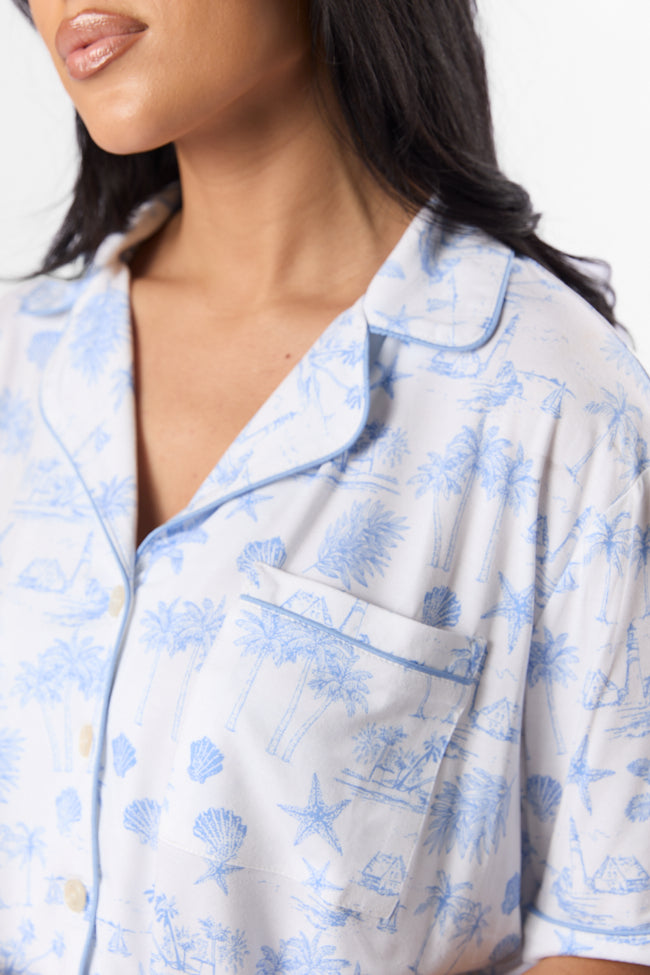 Blue Coastal Toile Short Sleeve Pajama Top for Women - Comfortable Sleepwear for Summer Nights & Beach Vacations - Perfect for Relaxing at Home or Coastal Getaways