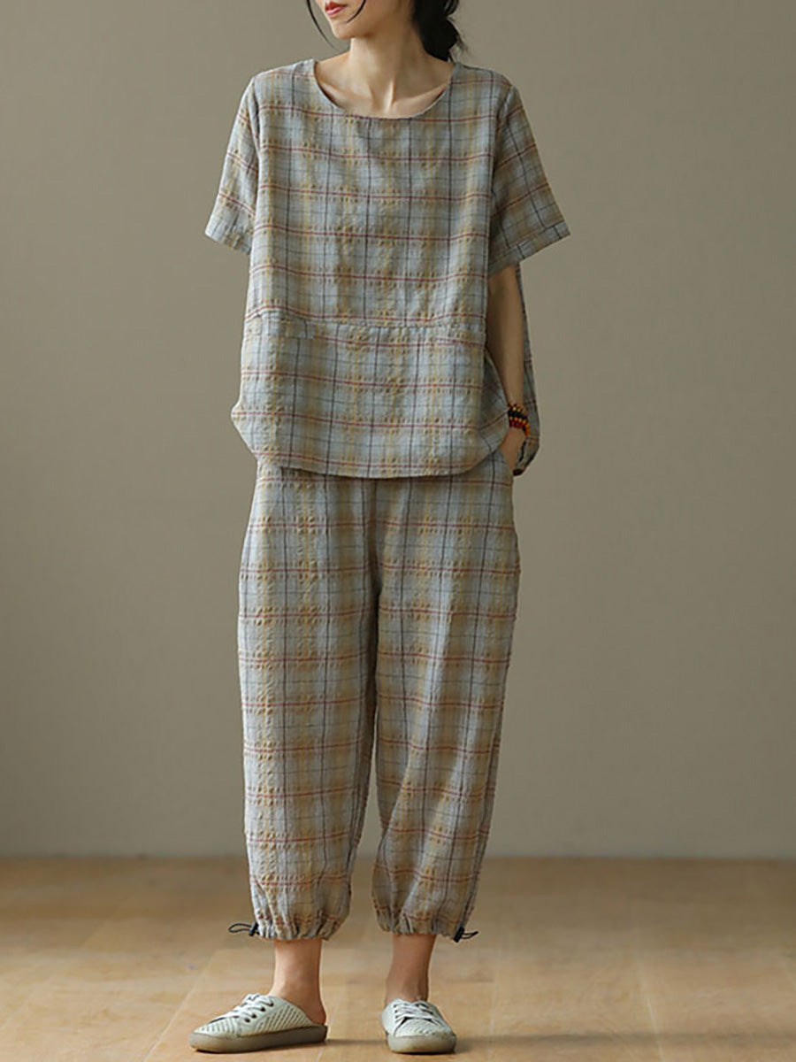 Plus Size Linen Plaid Drawstring Two Piece Set - Comfortable Summer Outfit for Women, Casual Beachwear & Lounge Wear
