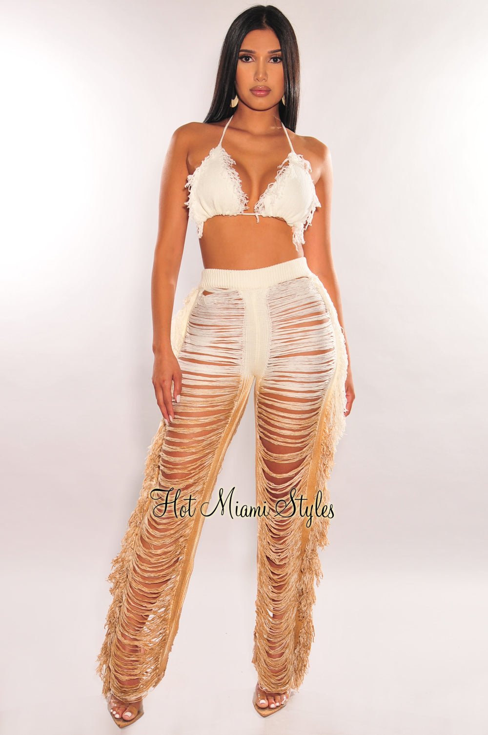White Mocha Ombre Knit Fringe Ladder Cut Cover Up Pants - Women's Boho Chic Lounge Pants for Beach, Yoga & Casual Wear