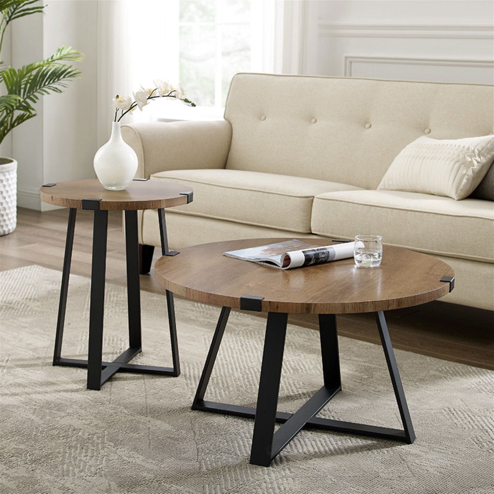 Criterion Dark Oak Capri Round Coffee Table - Modern Living Room Centerpiece for Home Decor
