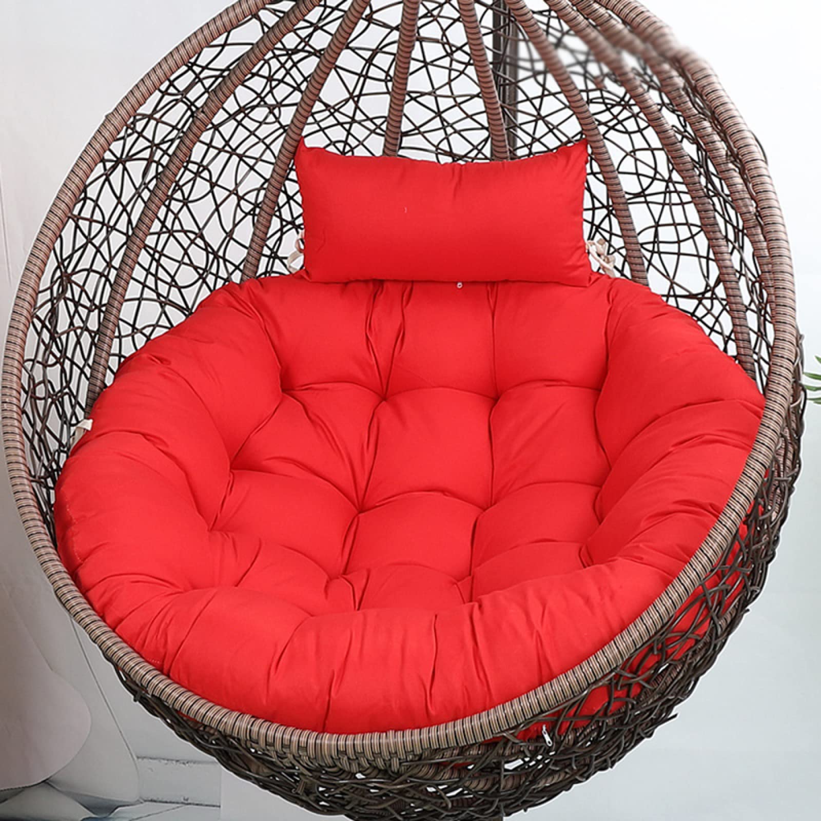 Washable Round Hanging Egg Chair Cushion Replacement - Thick Large Indoor/Outdoor Rattan Chair Pad with Adjustable Pillow (Red, 120cm/47in) - Perfect for Patio, Garden, Balcony & Lounge Decor
