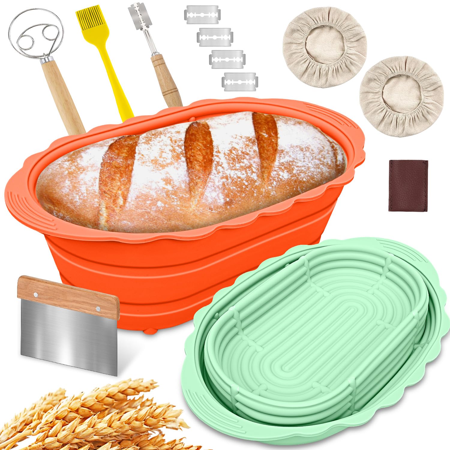 Winceed 10 Inch Oval Silicone Banneton Bread Proofing Basket - Foldable Sourdough Proofing Bowl Kit for Artisan Bread Baking, Perfect for Beginners (Green & Orange) | Ideal for Homemade Sourdough, French Bread & Baking Enthusiasts