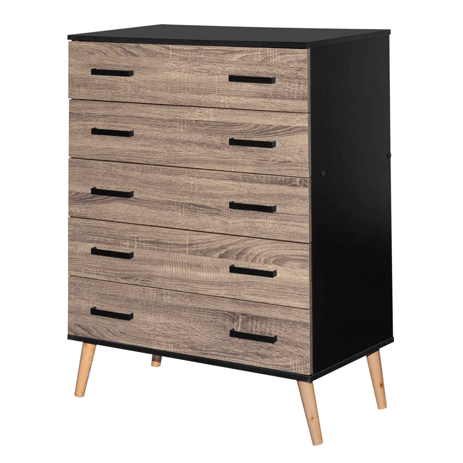Better Home Products Eli Mid-Century Modern 5-Drawer Dresser - Black & Sonoma Oak Finish - Stylish Bedroom Storage Solution for Home Organization