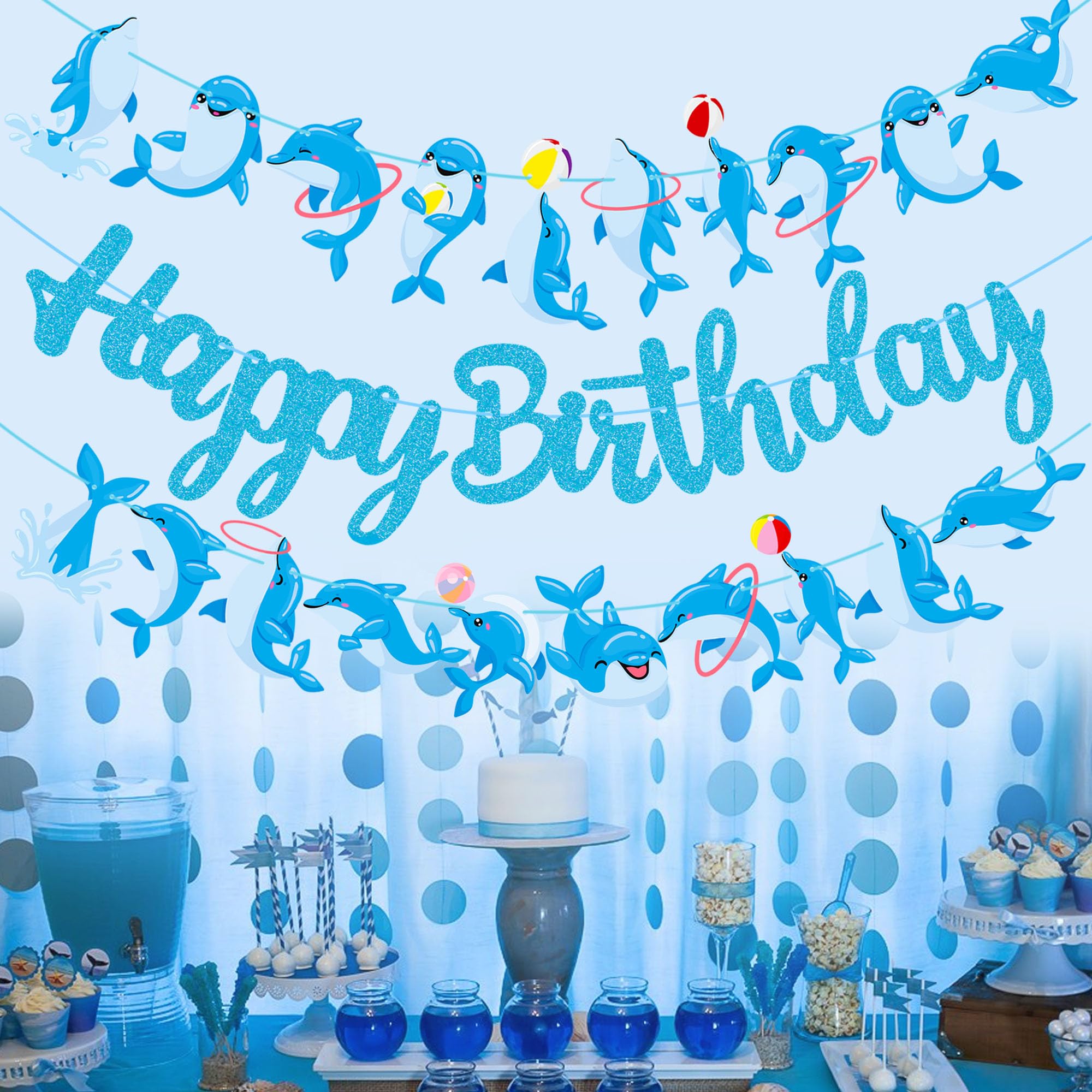 Blue Glitter Dolphin Happy Birthday Banner - Under the Sea Themed Party Decorations for Birthday & Baby Shower - Ocean Animal Theme Party Supplies (Perfect for Kids' Birthday Parties, Baby Showers & Nautical Events)