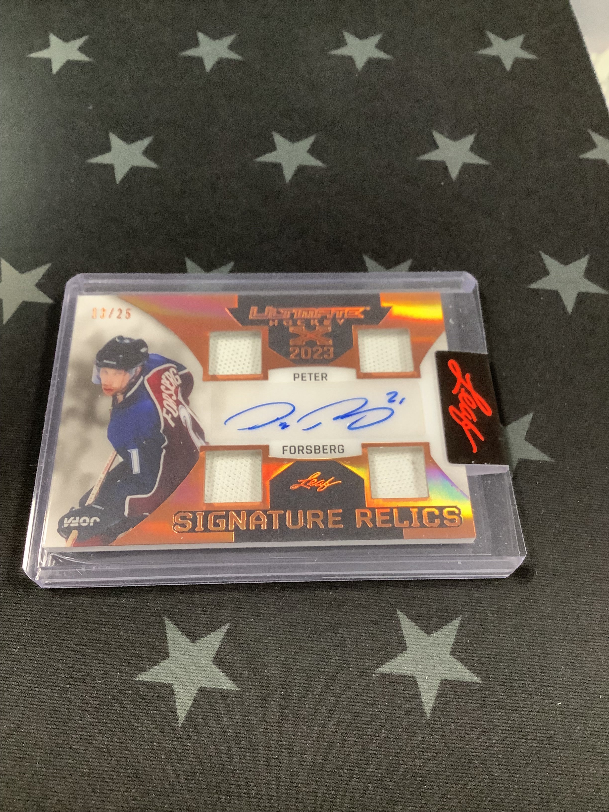 2023 LEAF ULTIMATE HOCKEY Peter Forsberg Autographed Quad Relic Card #UXSR PF1 /25 - Rare Collectible for Hockey Fans & Sports Memorabilia Enthusiasts