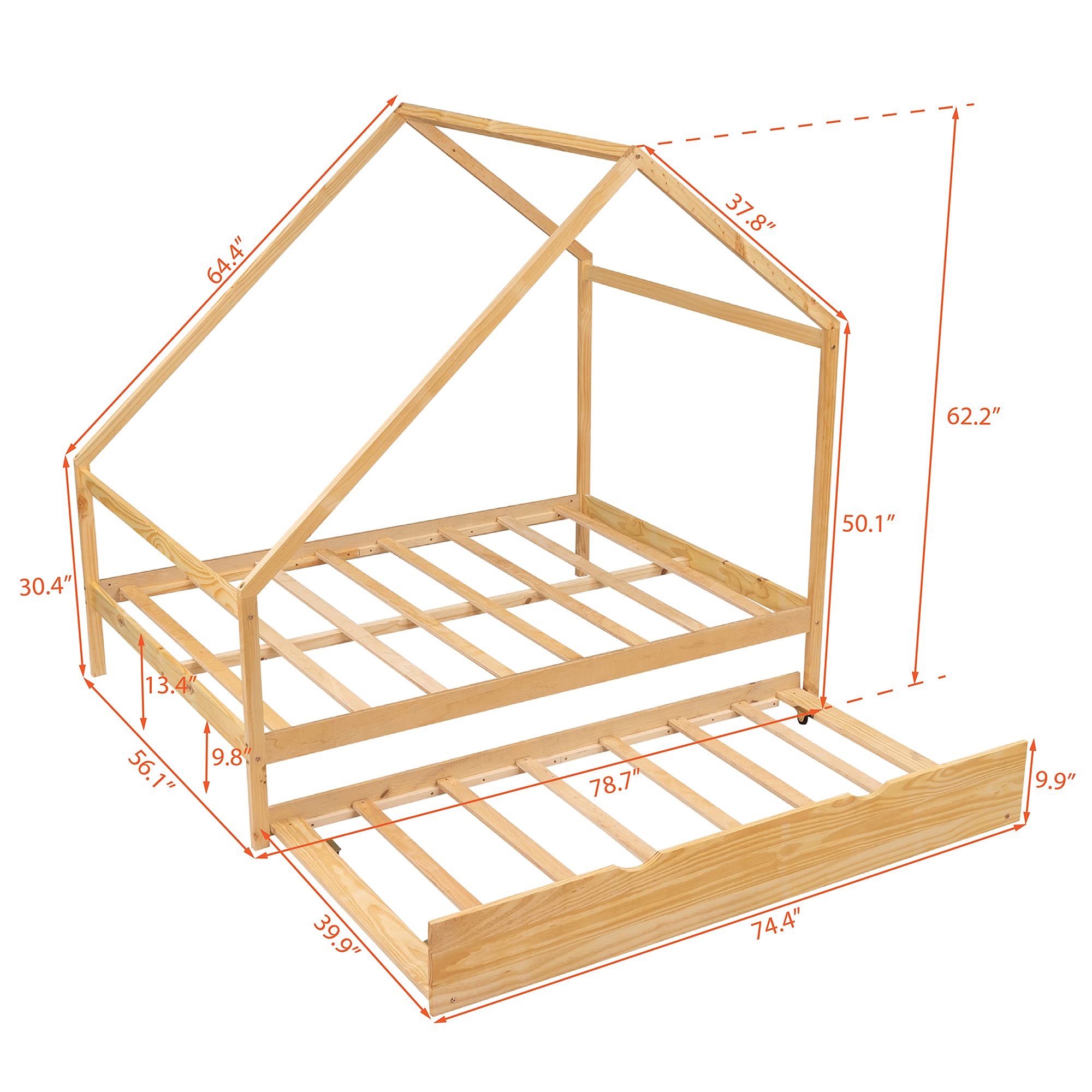 Solid Wood Full Size House Bed with Twin Trundle - Daybed & Sofa Bed Frame with Roof for Kids, Teens & Toddlers | Natural Wood Finish | Perfect for Bedrooms, Playrooms & Guest Rooms