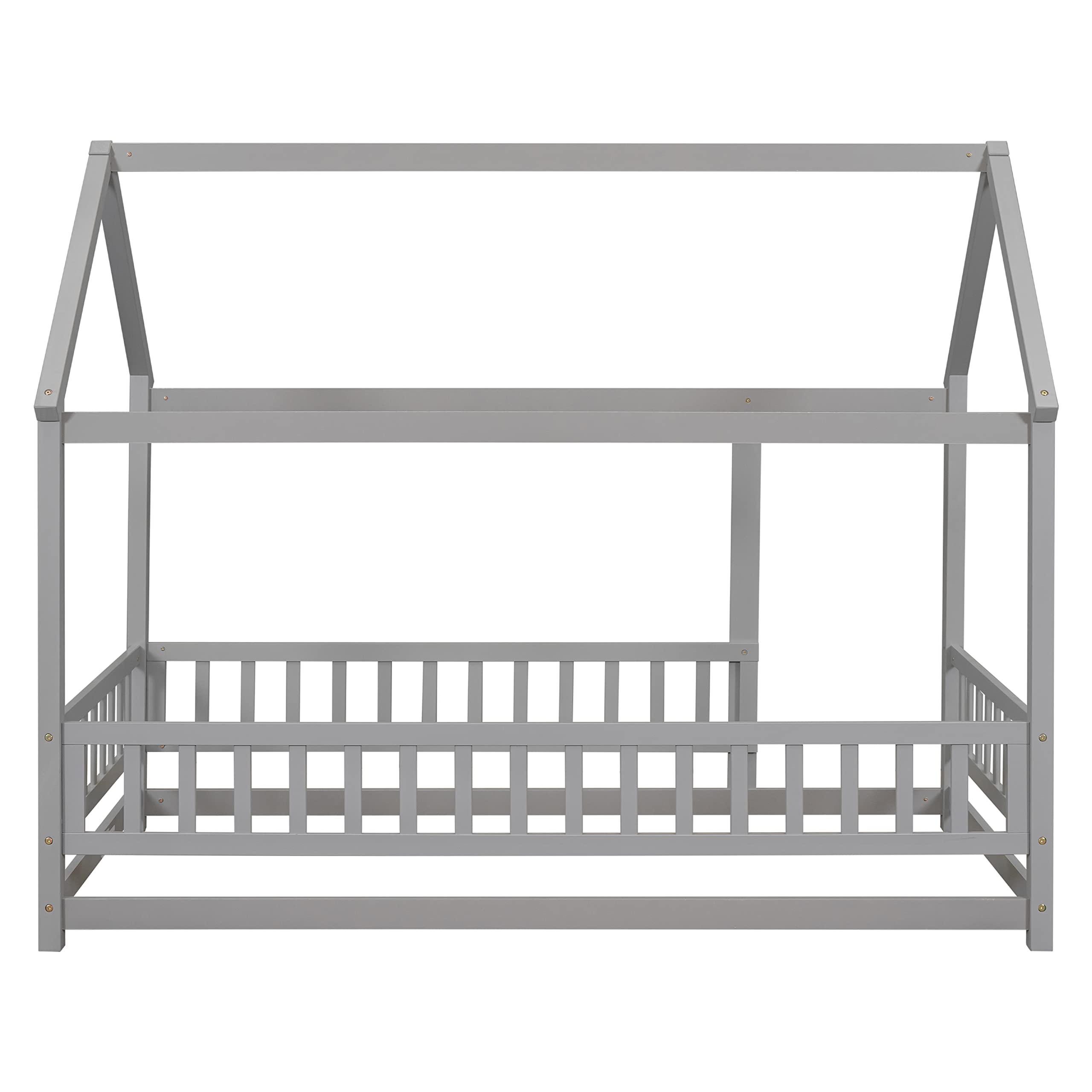 **Wooden Twin House Bed Frame for Kids with Fence & Door - No Box Spring Needed (Gray) - Perfect for Bedrooms, Playrooms & Themed Decor**