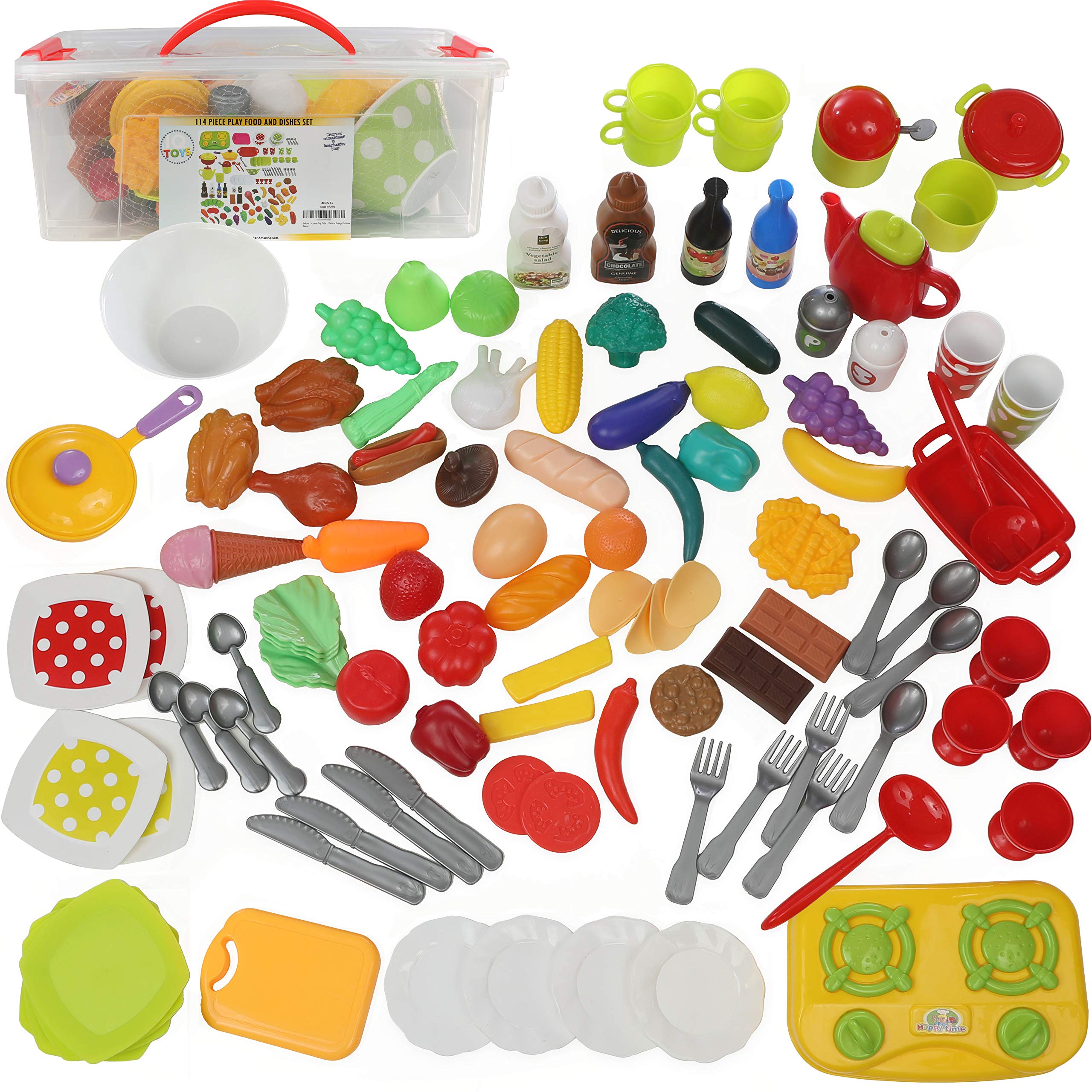 IQ Toys 114-Piece Pretend Play Food Set for Kids - Fake Toy Food with Storage Container, Kitchen Accessories for Toddlers & Children - Perfect for Role Play, Birthday Gifts & Early Learning Activities