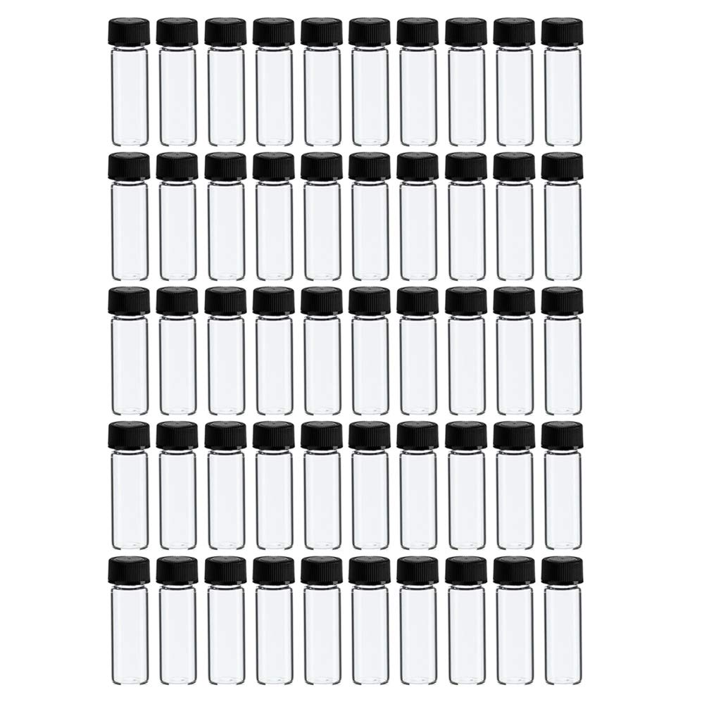 50 Mini Clear Glass Vial Bottles with Caps - 1 3/8 Inch Tall 4mL Capacity - Perfect for Gold Panning, Prospecting, Jewelry Making & Essential Oil Storage
