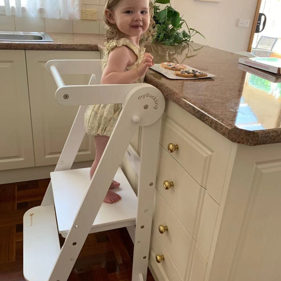 MILA Deluxe Folding Adjustable Learning Tower for Toddlers - Safe Kitchen Step Stool Helper for Kids Cooking, Baking & Learning - Montessori Style Wooden Step-Up Stool for Home & Classroom Use