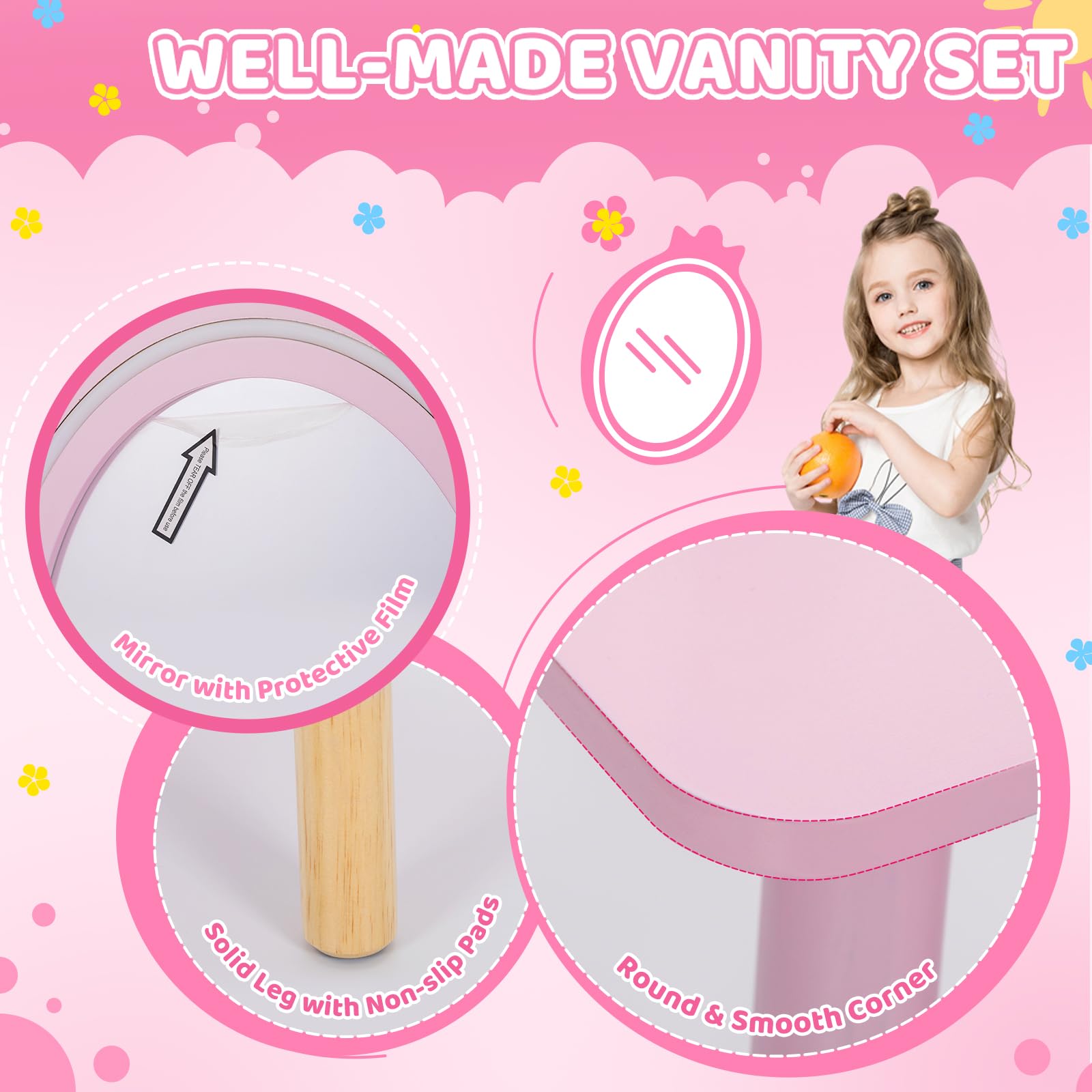 Kids Vanity Set with LED Lighted Mirror - Princess Dressing Table & Stool Set with Jewelry Storage & Makeup Brush Holder - Wooden Pretend Play Vanity for Girls - Perfect for Birthday Gifts & Bedroom Decor