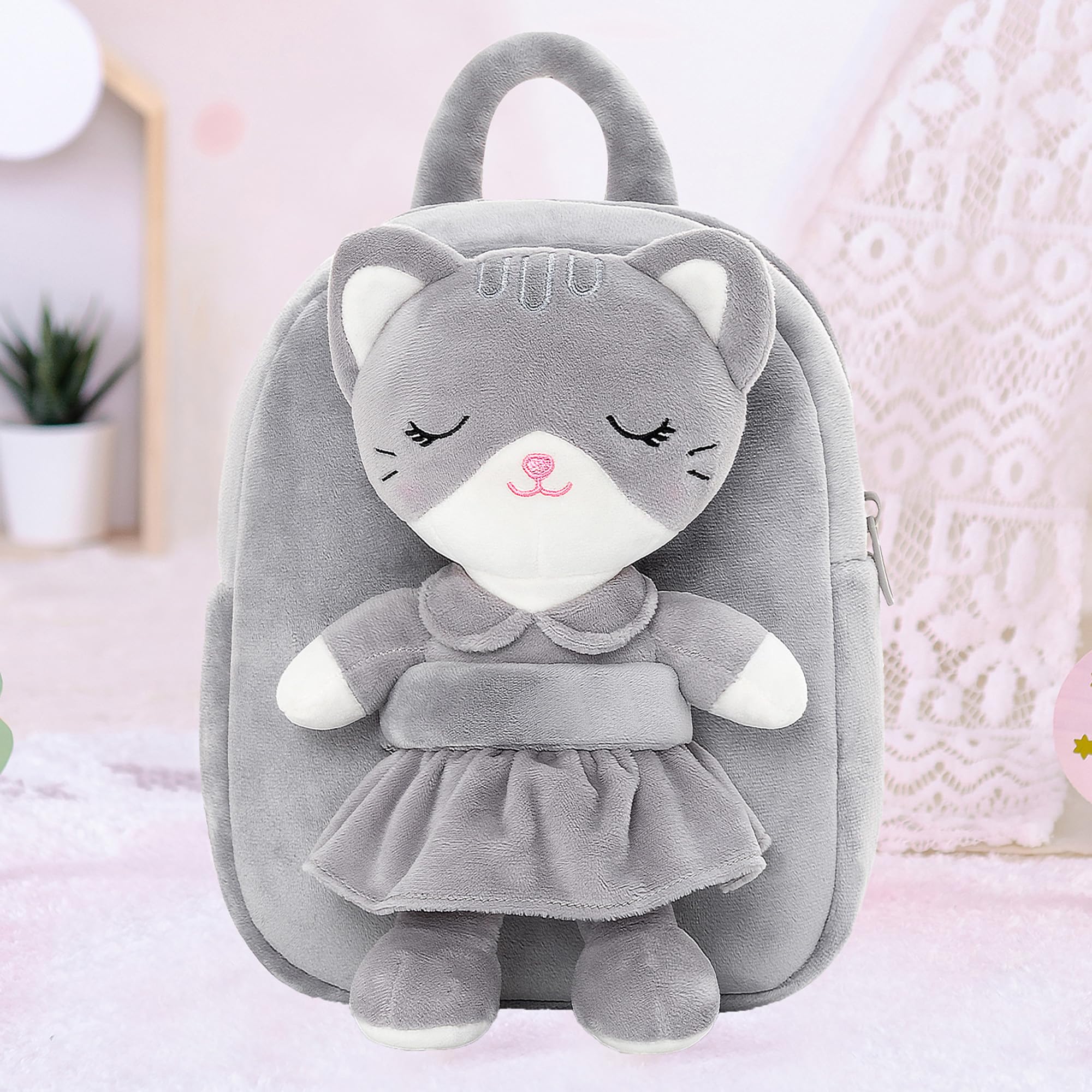 **Adorable Gray Cat Stuffed Animal Backpack for Toddlers & Kids - 9.5