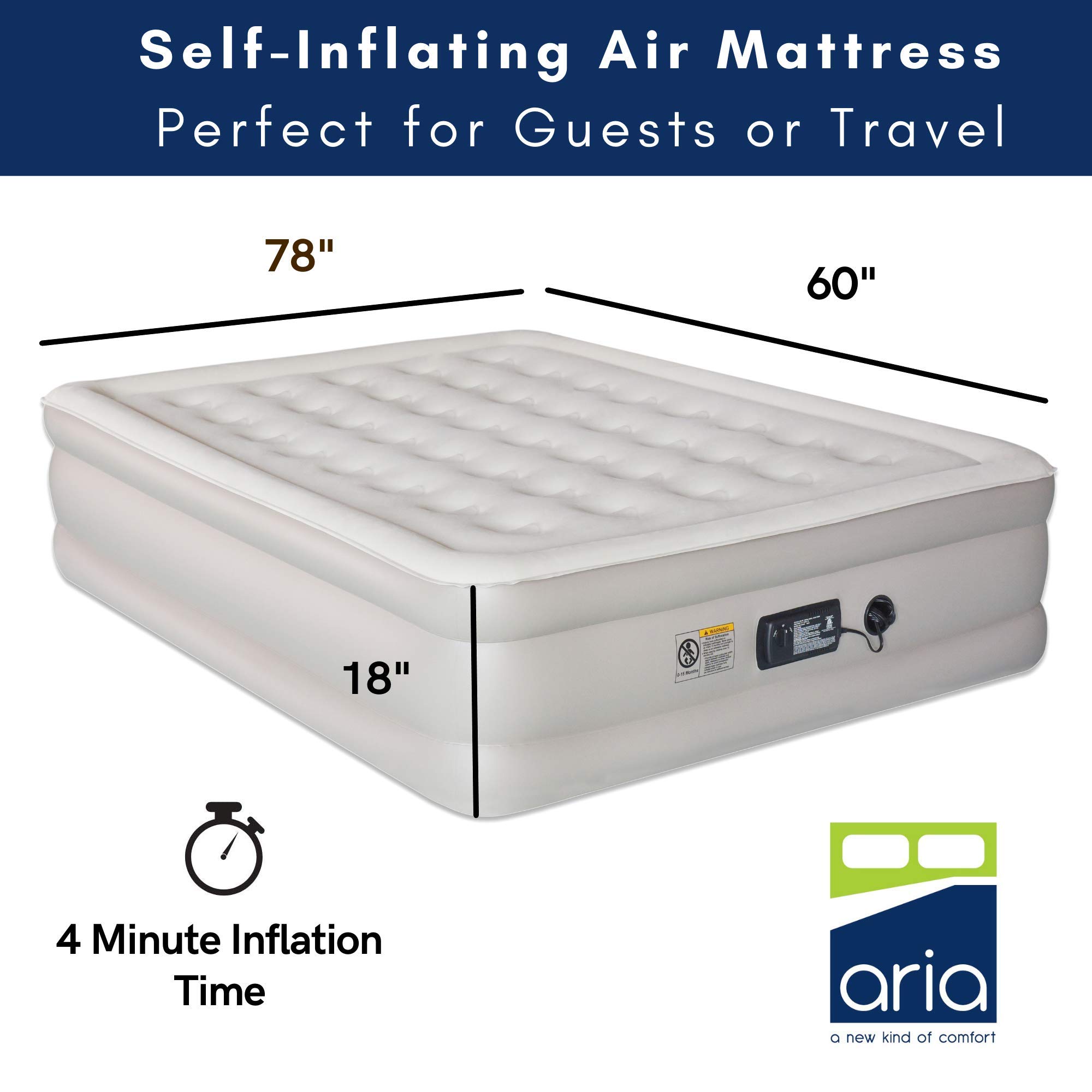 Aria Queen Raised Inflatable Air Mattress with Built-in Pump - Comfortable Portable Air Bed for Camping, Travel & Guest Use - Quick Inflation & Durable Support for Home, Outdoor & Sleepovers