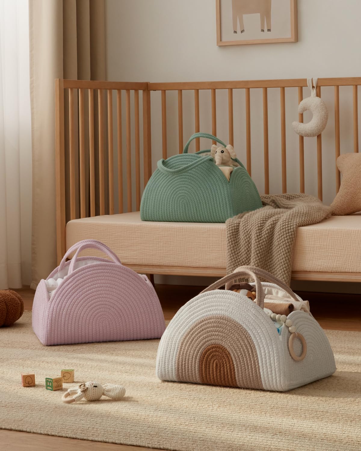 Blissful Diary Baby Diaper Caddy Organizer - Cotton Rope Storage Basket for Newborn Boys & Girls | Large Nursery Organizer for Diapers, Wipes & Baby Essentials | Perfect Baby Shower Gift & Newborn Must-Have in Earthy Rainbow Design | Ideal for Nursery, Bedroom & On-the-Go Parenting