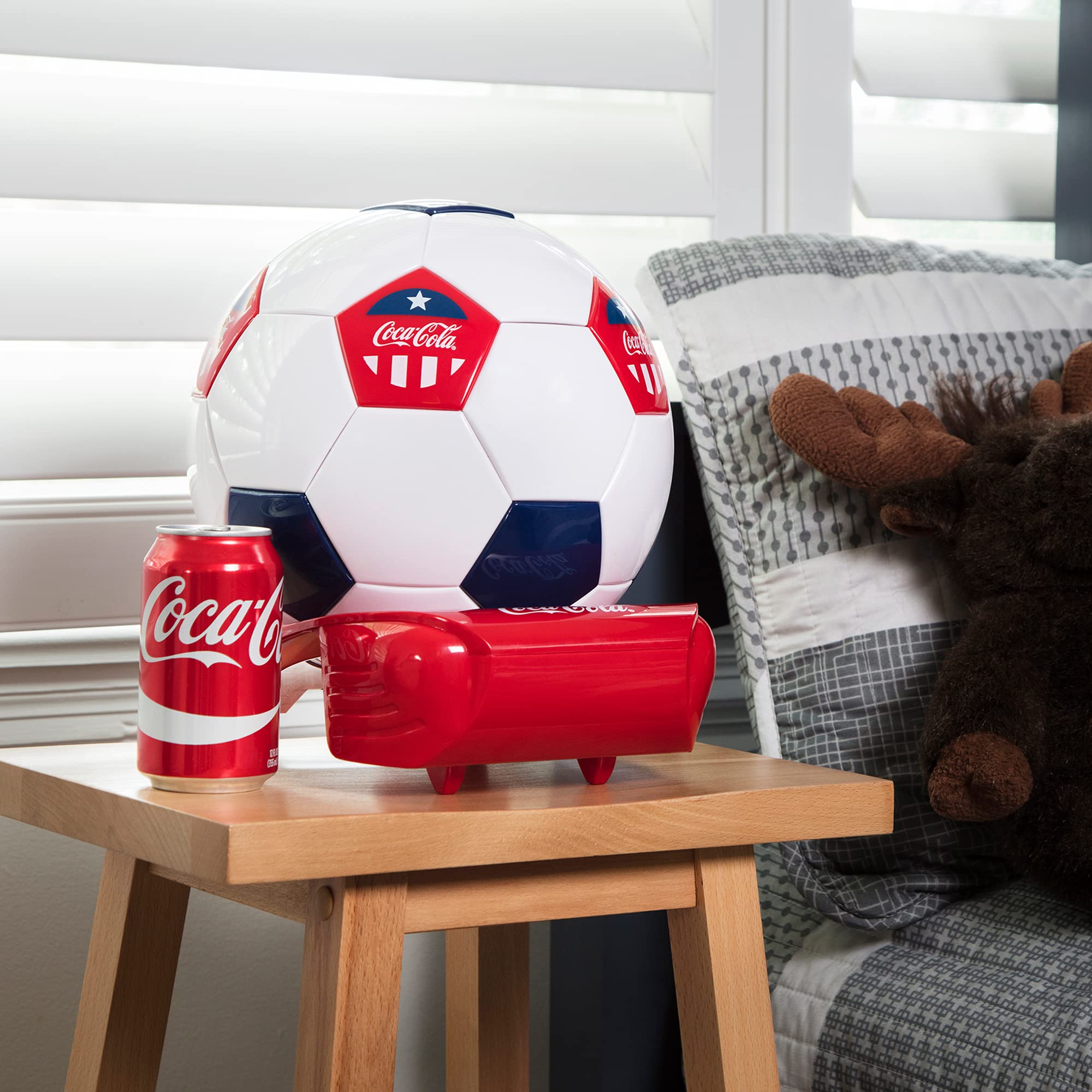 Coca-Cola Soccer Ball Mini Fridge - 5 Can Portable Beverage Cooler with Hidden Opening (White/Red/Black) | Perfect for Man Cave, Game Room, Dorm, Office & Sports Fan Gifts | Compact Fridge for Soda, Beer & Energy Drinks
