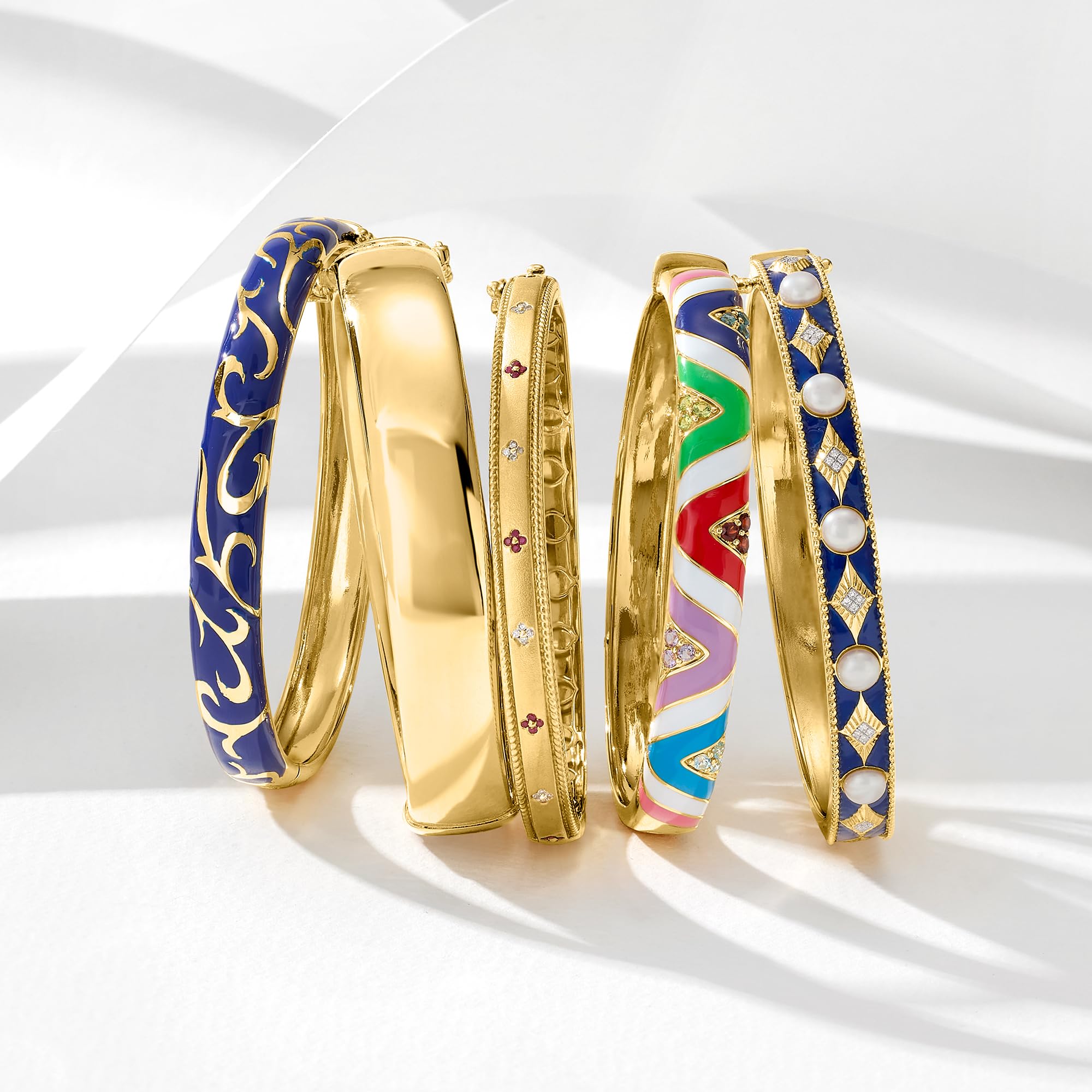 Ross-Simons 18kt Gold Over Sterling Blue Enamel Scroll Bangle Bracelet - 8 Inch Adjustable Women's Jewelry for Parties, Weddings & Gifts