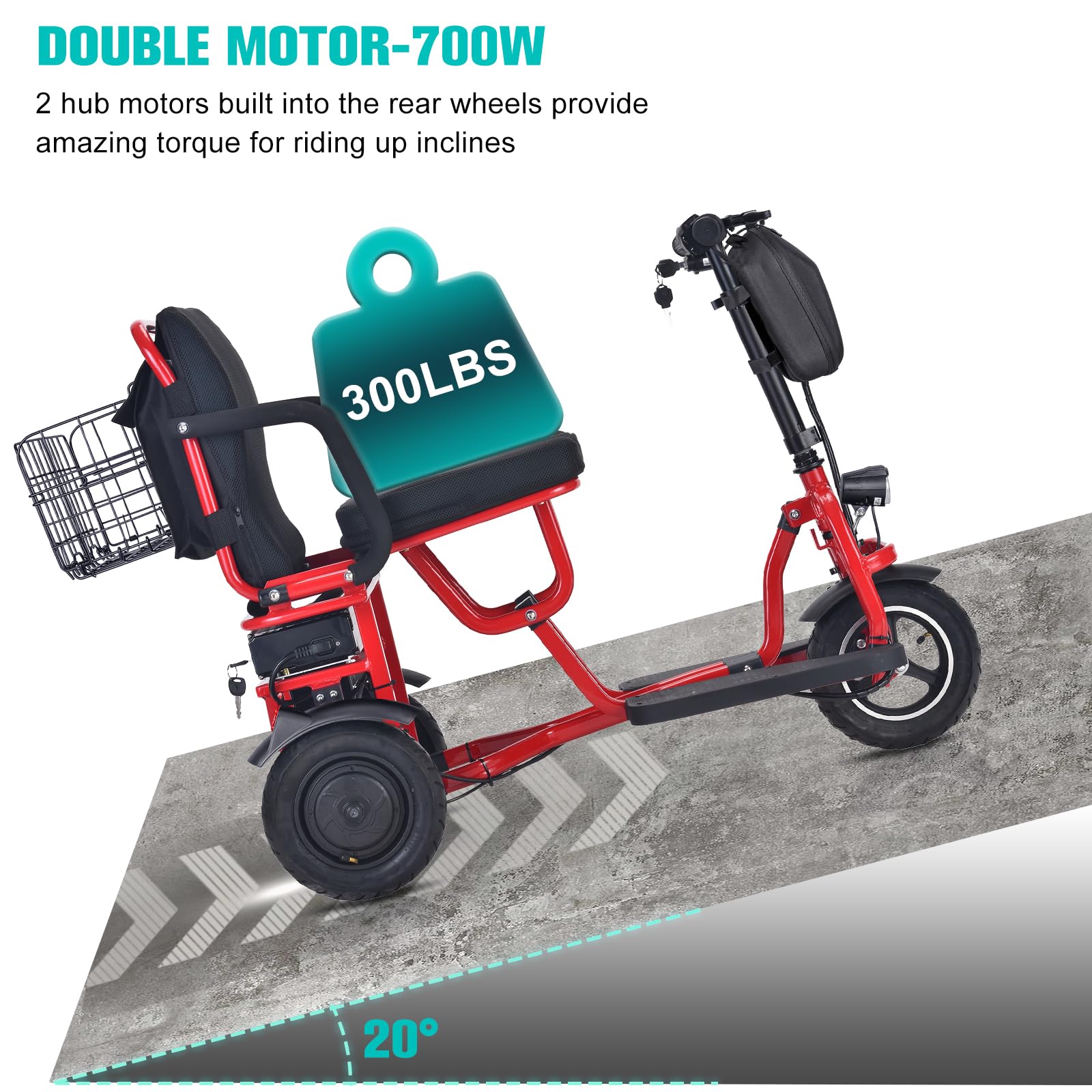 3-Wheel Folding Electric Mobility Scooter for Adults & Seniors - Lightweight Travel Scooter with Basket, 300lb Weight Capacity, 20-Mile Range (Red) - Perfect for Shopping, Travel & Outdoor Activities