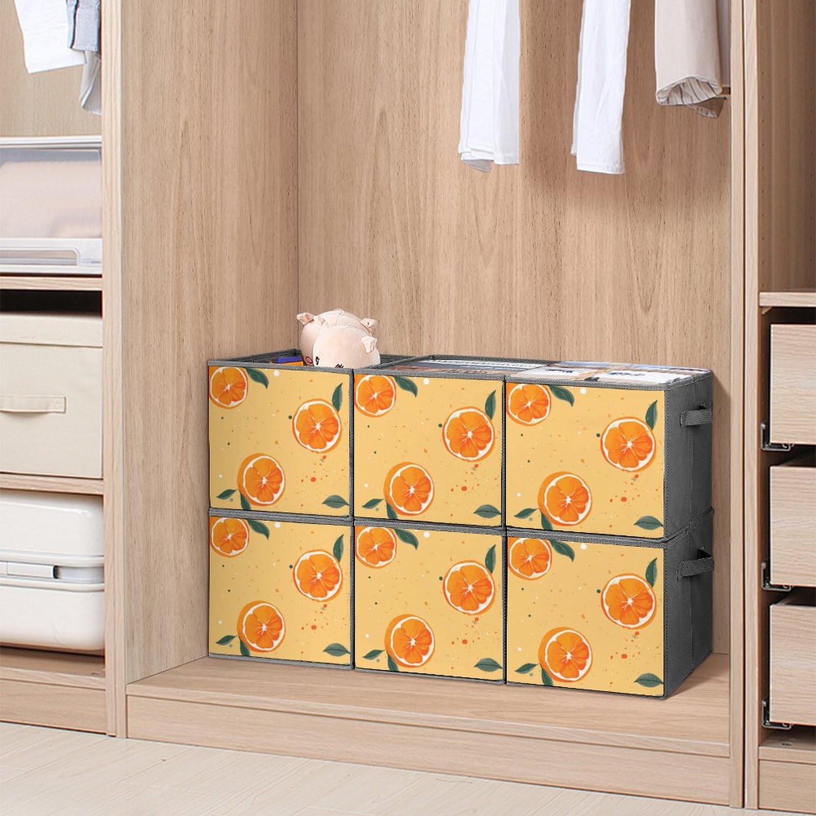 6-Piece Foldable Storage Bins Set - Large Capacity Cartoon Orange Printed Storage Boxes with Handles for Playroom, Office & Home Organization | Perfect for Kids' Toys, Books & Clutter Control