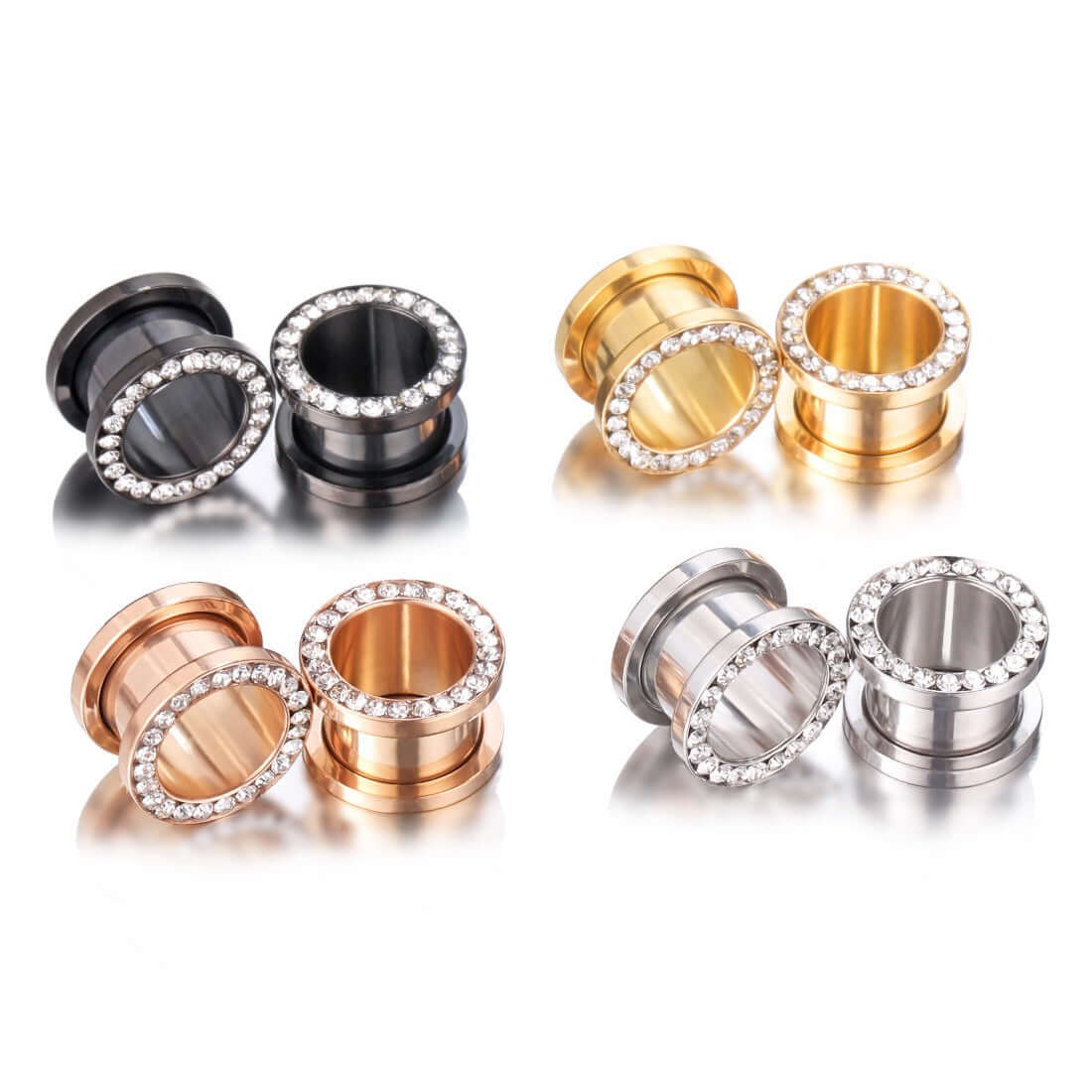 Black CZ Hollow Screw Fit Tunnel Plug Set | UZ299 | Stylish Body Jewelry for Ear Stretching & Alternative Fashion