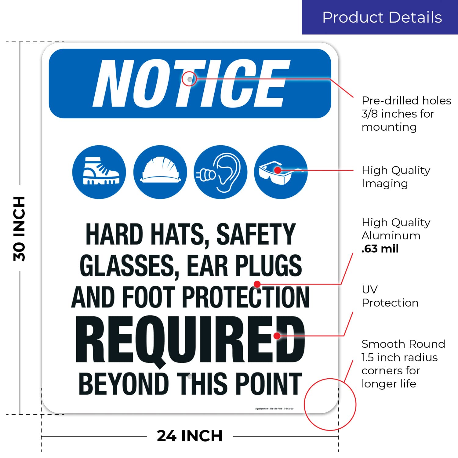 OSHA Compliant Safety Signs - Sigo Signs 'Hear Hats Safety Glasses Ear Plugs Foot Protection Required' 24x30 Inch Aluminum Sign | Rust-Free .063 Aluminum, Fade Resistant for Indoor/Outdoor Use | Made in USA | Perfect for Construction Sites, Factories & Workplaces