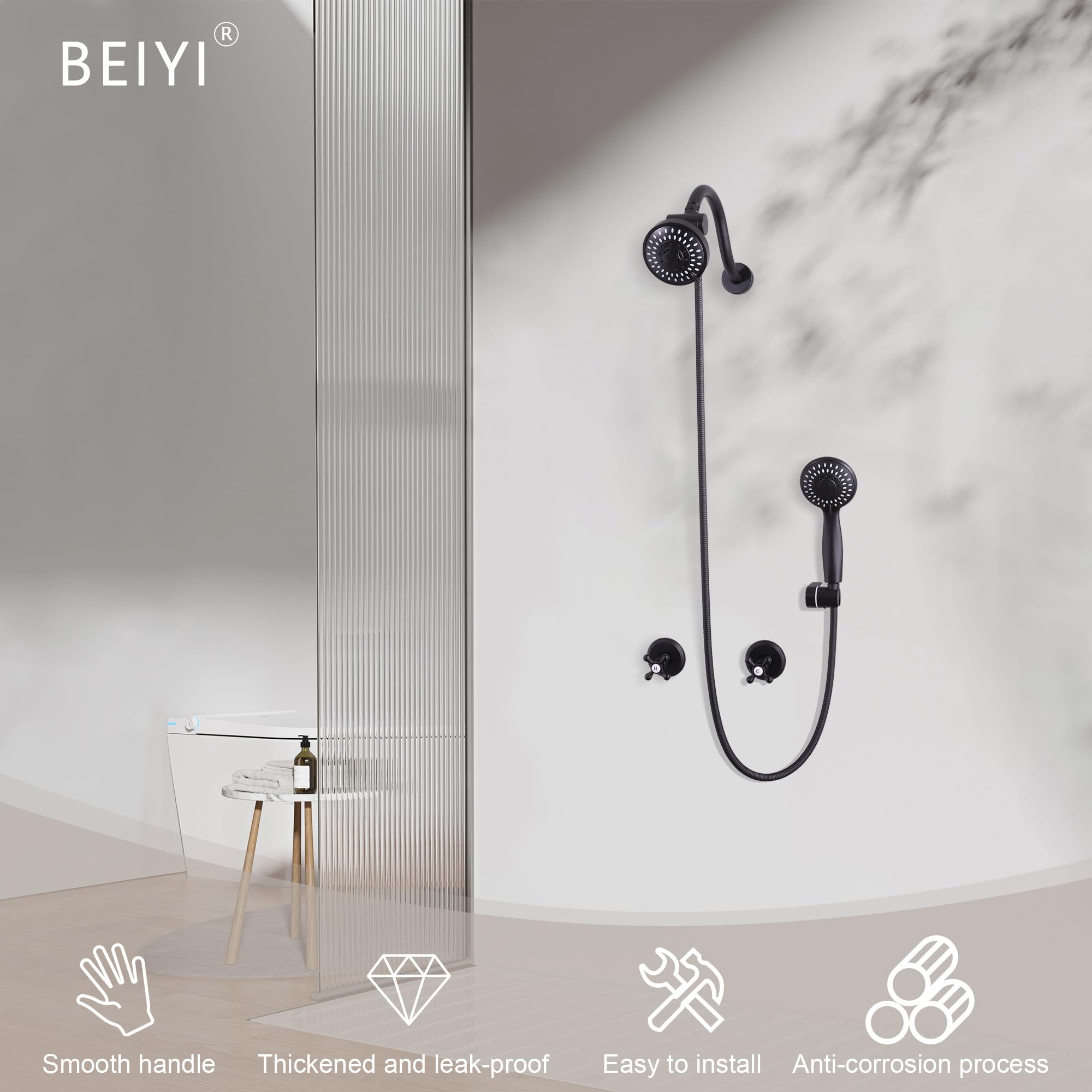 2 Handle Shower Faucet Set - Matte Black 5 Mode Shower System with Rough-in Valve, Complete Bathroom Shower Trim Kit for Modern Home Renovation - Perfect for Master Bathroom, Guest Bath & Spa-Like Shower Experience