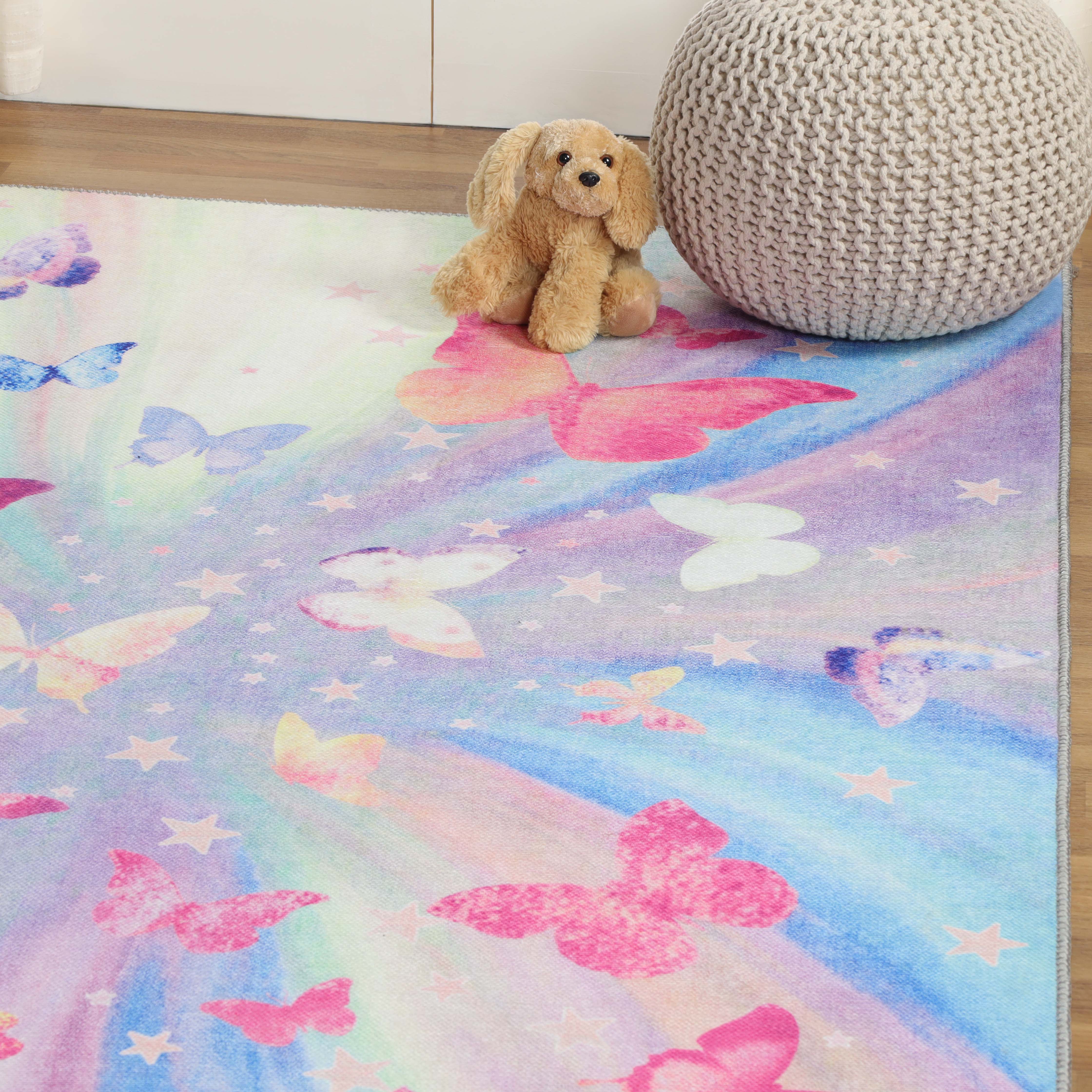 Non-Slip Butterfly Kids Playroom Rug - Washable Nursery Carpet for Toddlers & Children - Soft Indoor Floor Mat for Play Areas, Bedrooms & Daycare