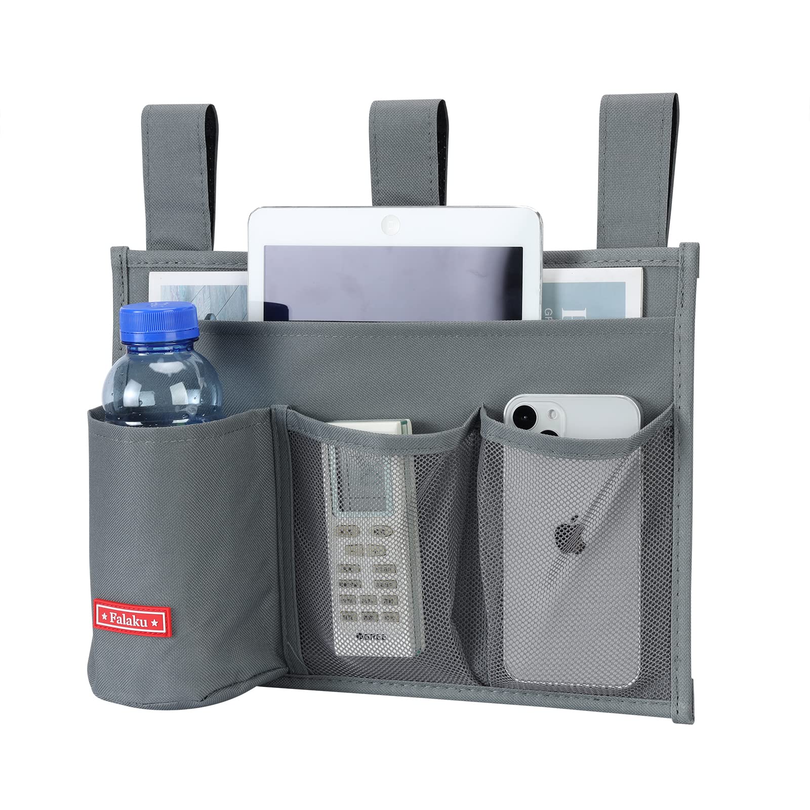 Hanging Bedside Caddy Organizer with 4 Pockets - Grey | Bed Rail Storage Pouch for Books, Phone, Remote & Essentials | Perfect for Small Spaces, Dorm Rooms & Nursing Homes