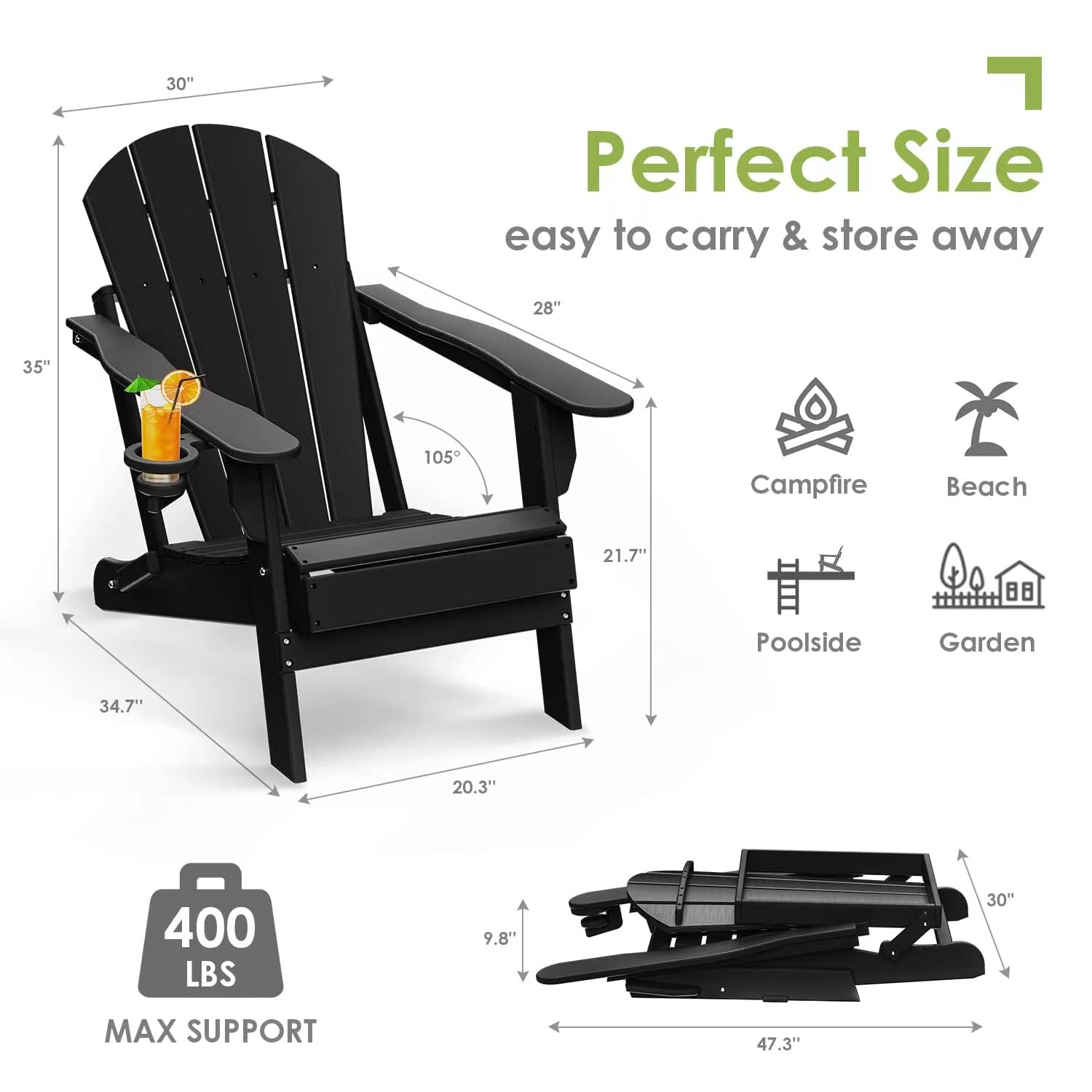 4-Pack Folding Adirondack Chairs with Cup Holders - Heavy Duty HDPE Plastic All-Weather Outdoor Furniture - Perfect for Backyard, Patio, Deck, Garden & Fire Pit Gatherings