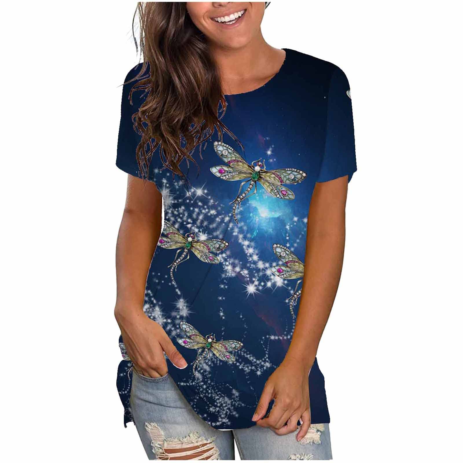 Women's Dragonfly Print T-Shirt - Round Neck Summer Fashion Tee, Loose Fit Casual Blouse for Everyday Wear, Outdoor Activities & Vacation Outfits
