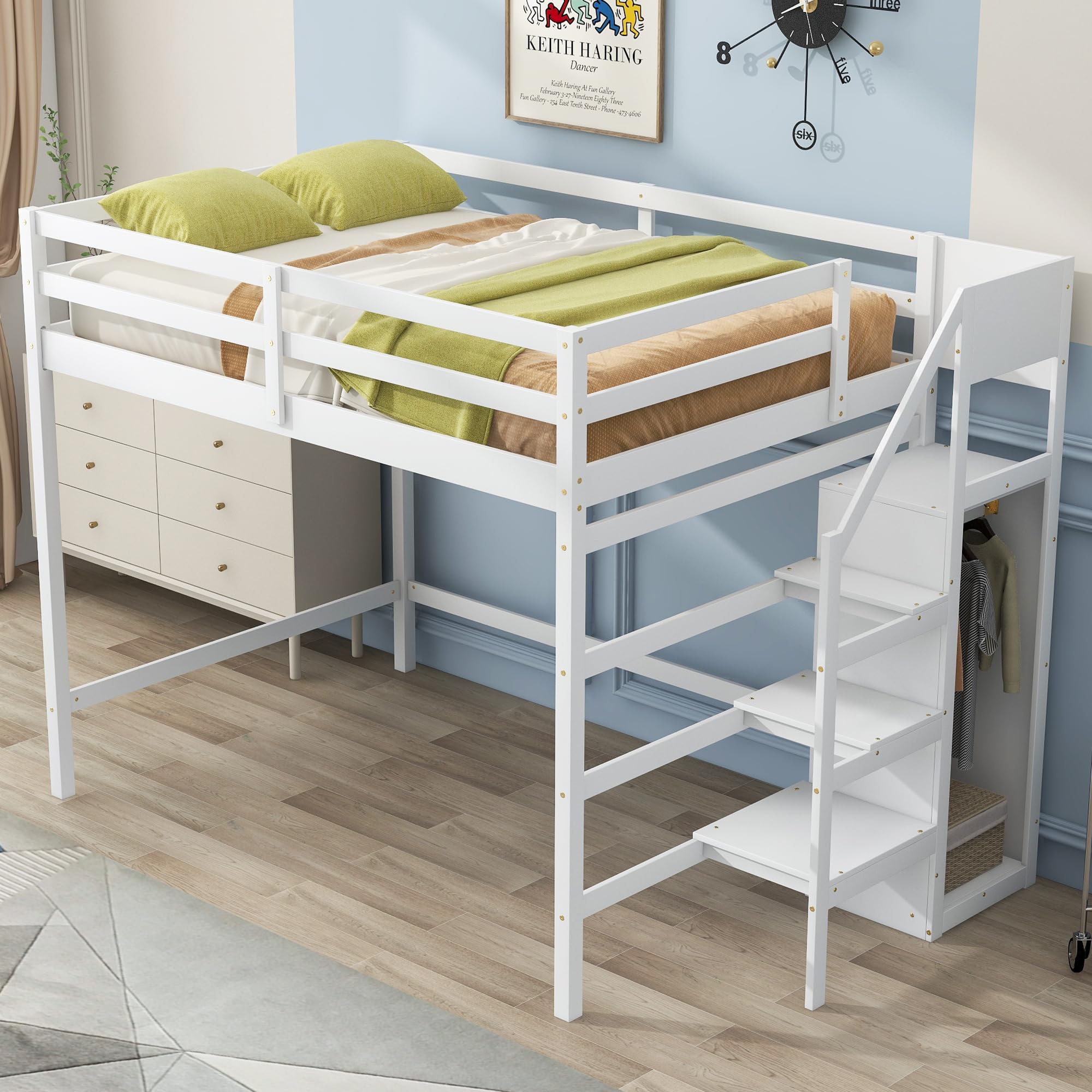 Harper & Bright Designs Full Size Loft Bed with Wardrobe & Staircase - Wooden Storage Loft Bed Frame for Kids, Teens & Adults - Space-Saving White Furniture for Small Bedrooms, Dorms & Apartments