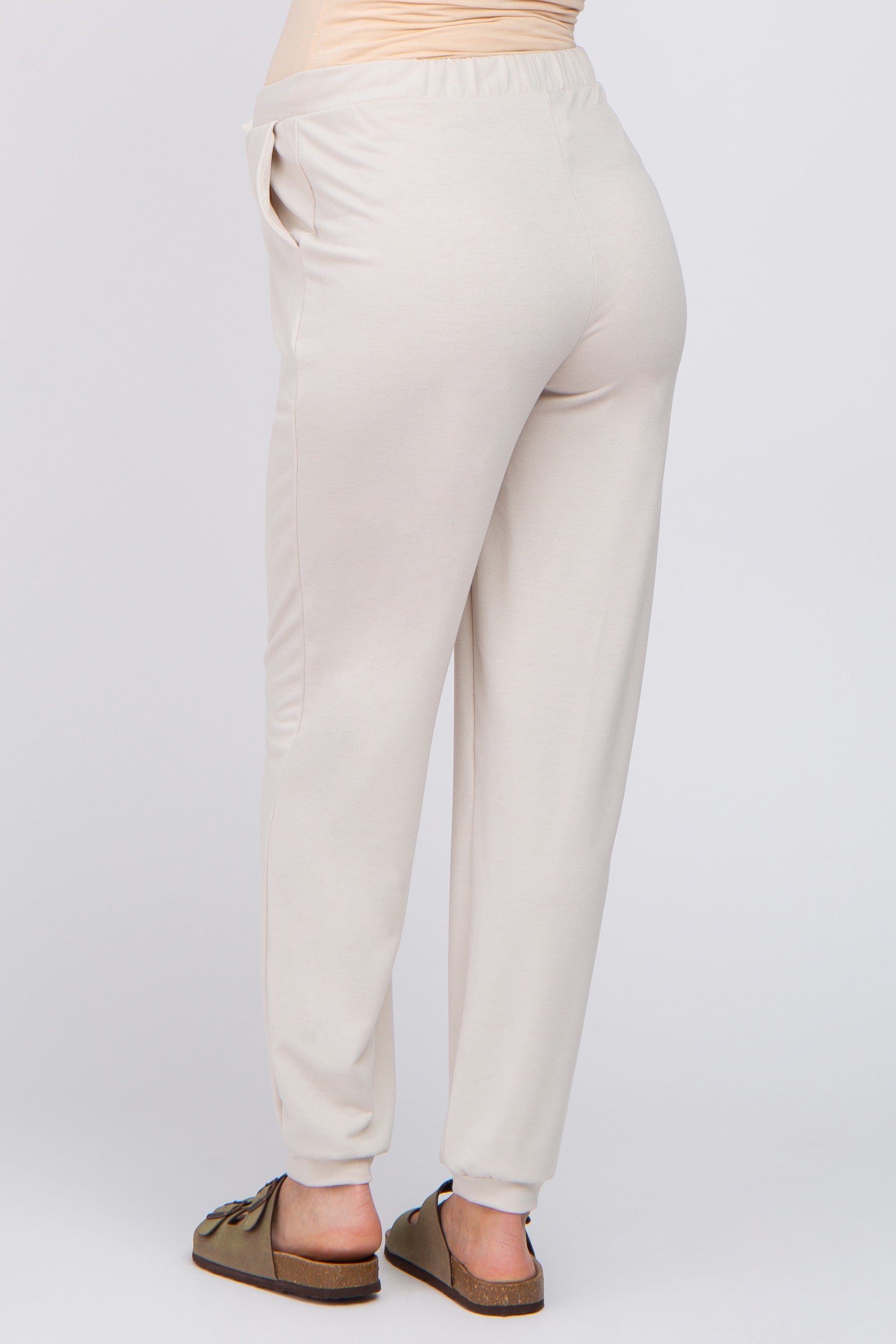 Beige Contrast Maternity Jogger Pants for Women - Comfortable Stretchy Pregnancy Workout Leggings with Pockets | Perfect for Yoga, Running & Everyday Wear