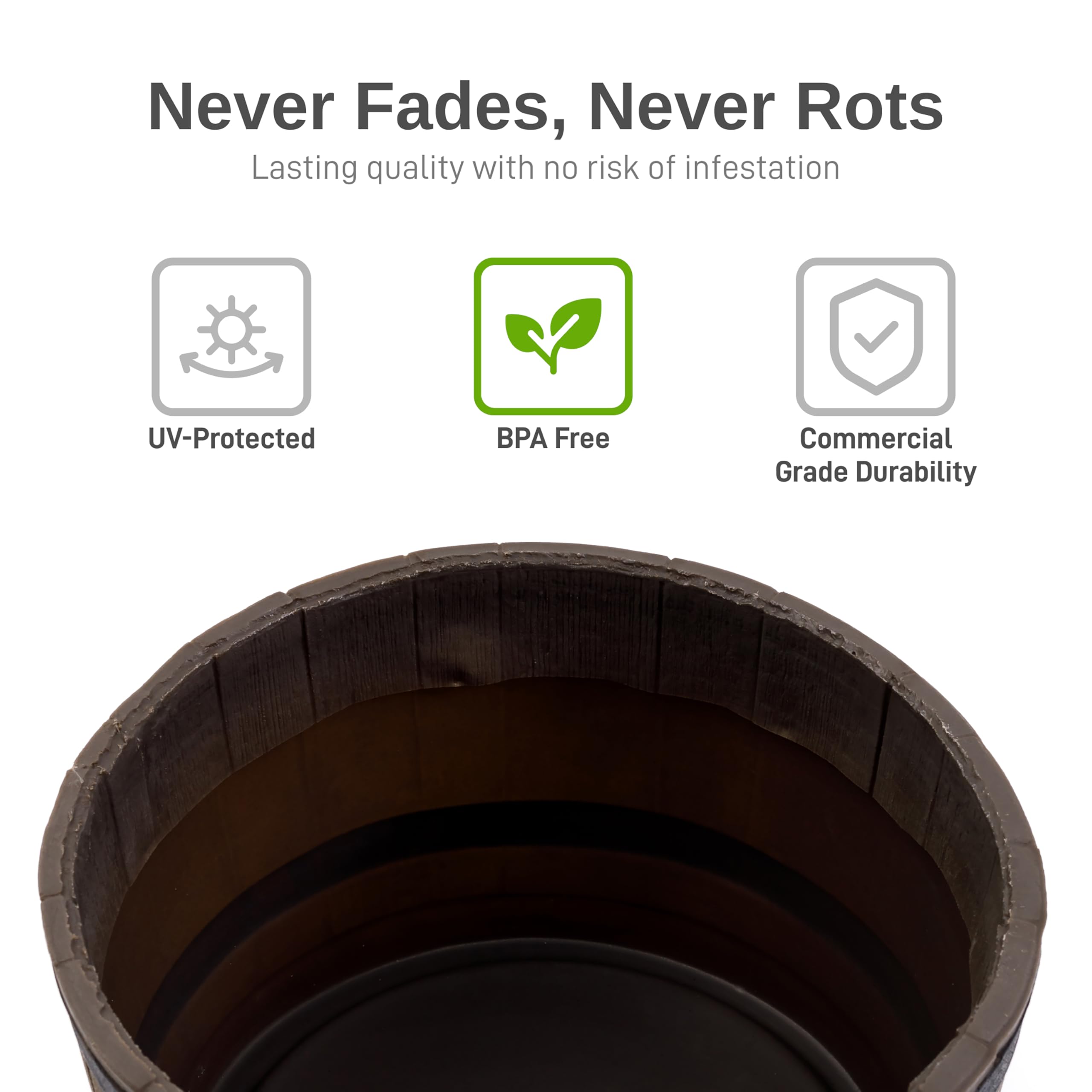 Premium Polyethylene Whiskey Barrel Planters for Indoor/Outdoor Decor - Wood Grain Finish with Black Stripes (Set of 2) - Perfect for Patio, Garden, Balcony & Home Décor