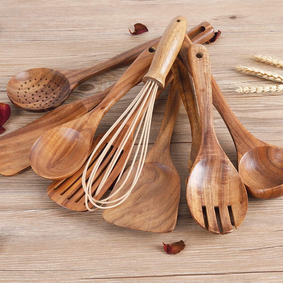 Premium Teak Wood Kitchen Utensil Set with Holder - 11-Piece Natural Wooden Cooking Tools Including Spatula, Ladle & Spoons - Ideal for Sauteing, Baking & Non-Stick Cookware