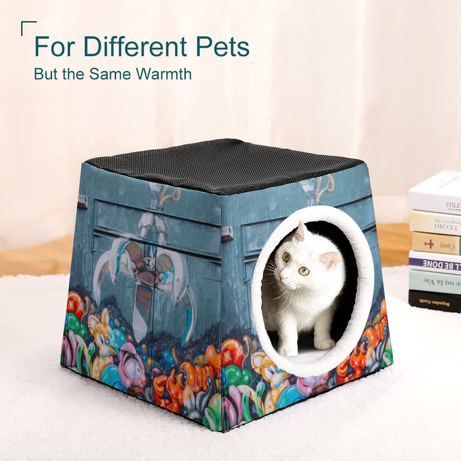 Printed Cat Cube Kitty House - Indoor Cat Bed & Small Dog Shelter - Warm Cozy Pet Sofa with Cartoon Animal Graffiti - Perfect for Home, Apartment & Office Pet Lounging