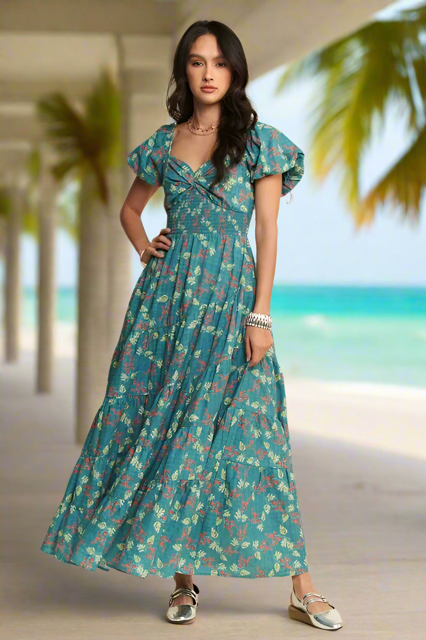 Teal Sweetheart Neck Cap Sleeve Maxi Dress for Women - Elegant Beach Wedding Resort Wear, Perfect for Vacations, Parties & Summer Outings