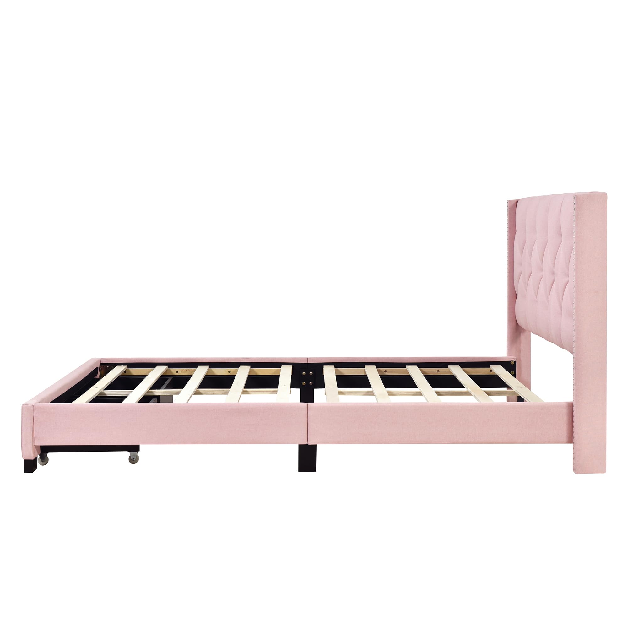 Merax Queen Size Linen Upholstered Platform Bed Frame with 2 Storage Drawers & Headboard - Pink Upholstered Bed for Teen Girls & Boys Bedroom | Modern Space-Saving Storage Solution for Small Rooms