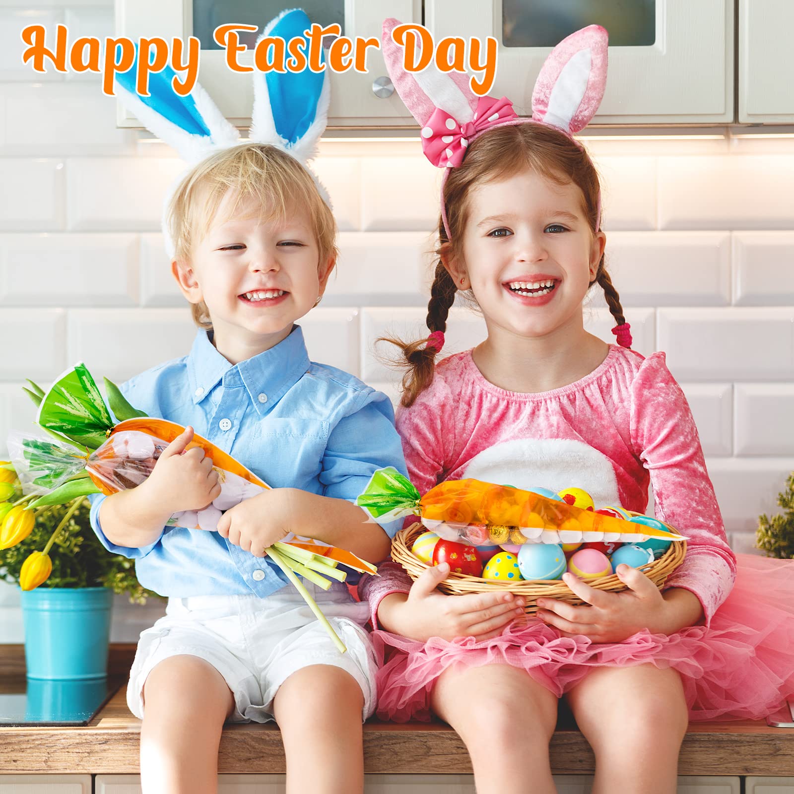 ISKYBOB 100 Sheets Carrot Shaped Plastic Candy Bags - Easter Bunny Treat Cones with Twist Ties for Party Favors, Baby Shower Gifts & Easter Decorations - Perfect for Holiday Celebrations, Classroom Rewards and Candy Packaging