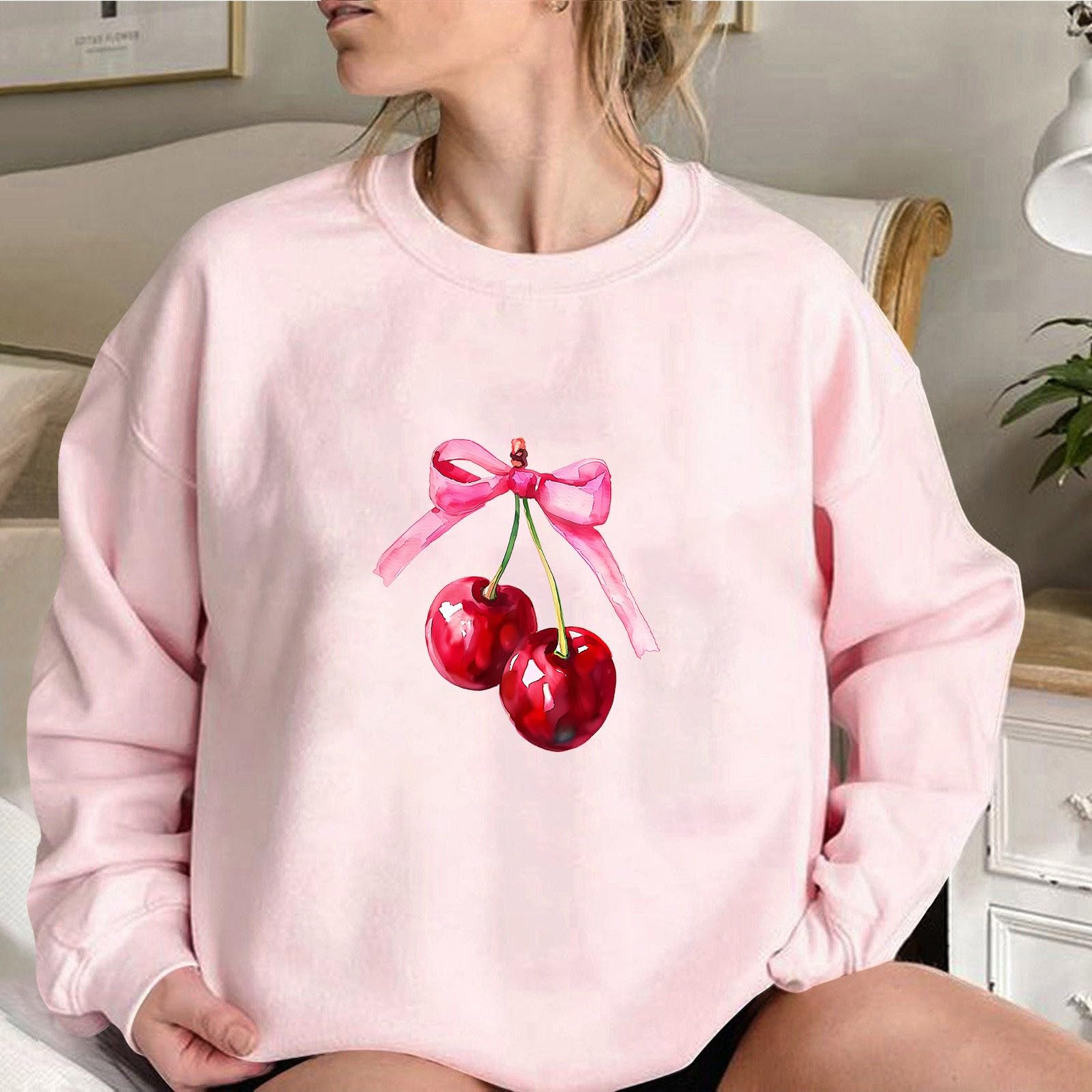 Women's Akklian Cute Cherry Bow Print Oversized Sweatshirt - Kawaii Long Sleeve Pullover for Teen Girls, Preppy Pink Loose Fit, Perfect for Casual Outings and Cozy Days