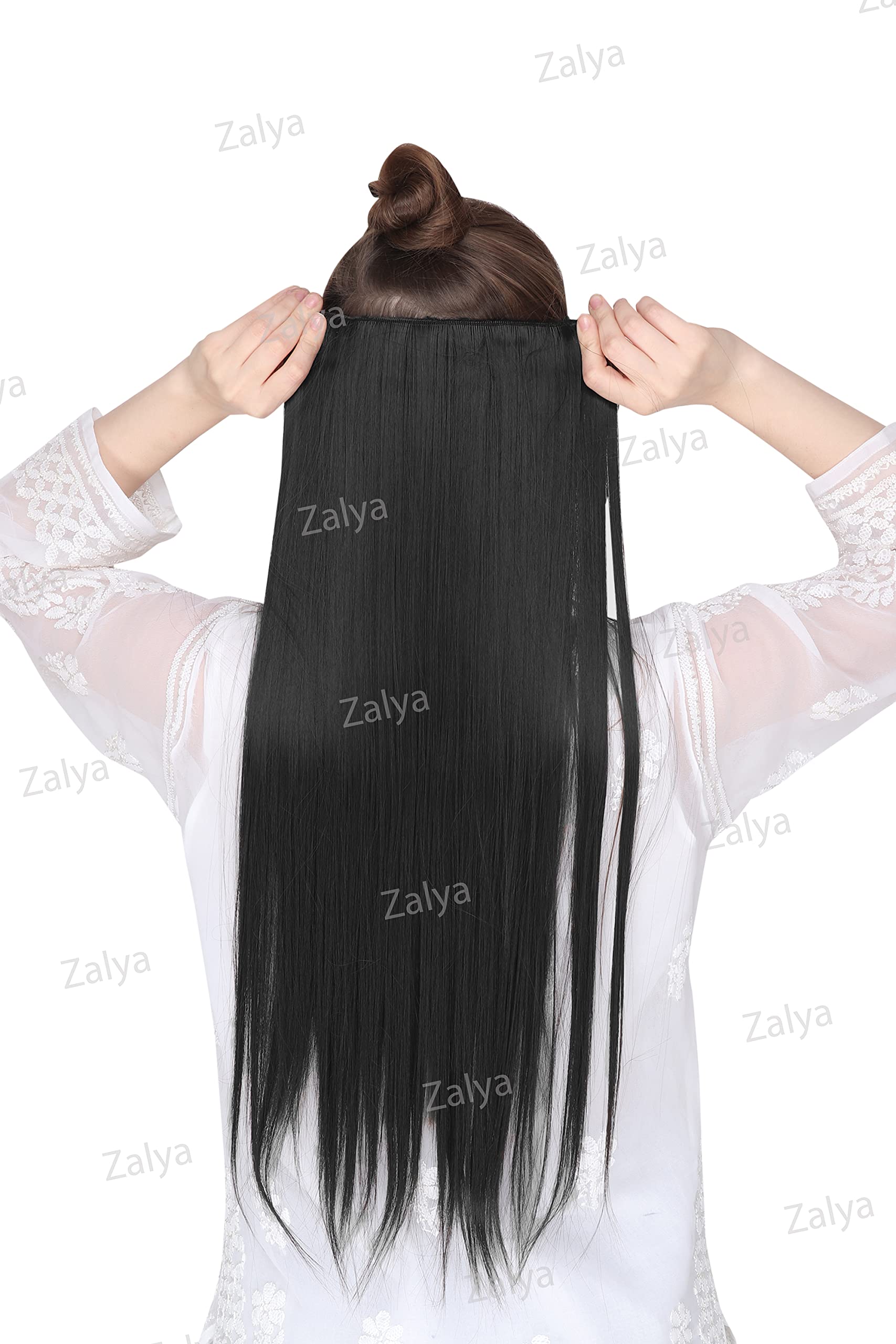ZALYA 24-Inch Black Straight Clip In Hair Extensions - 5 Clips Synthetic Hair Weft (120g) for Instant Volume & Length - Easy Secure Installation - Perfect for Parties, Weddings & Everyday Glamorous Hairstyles