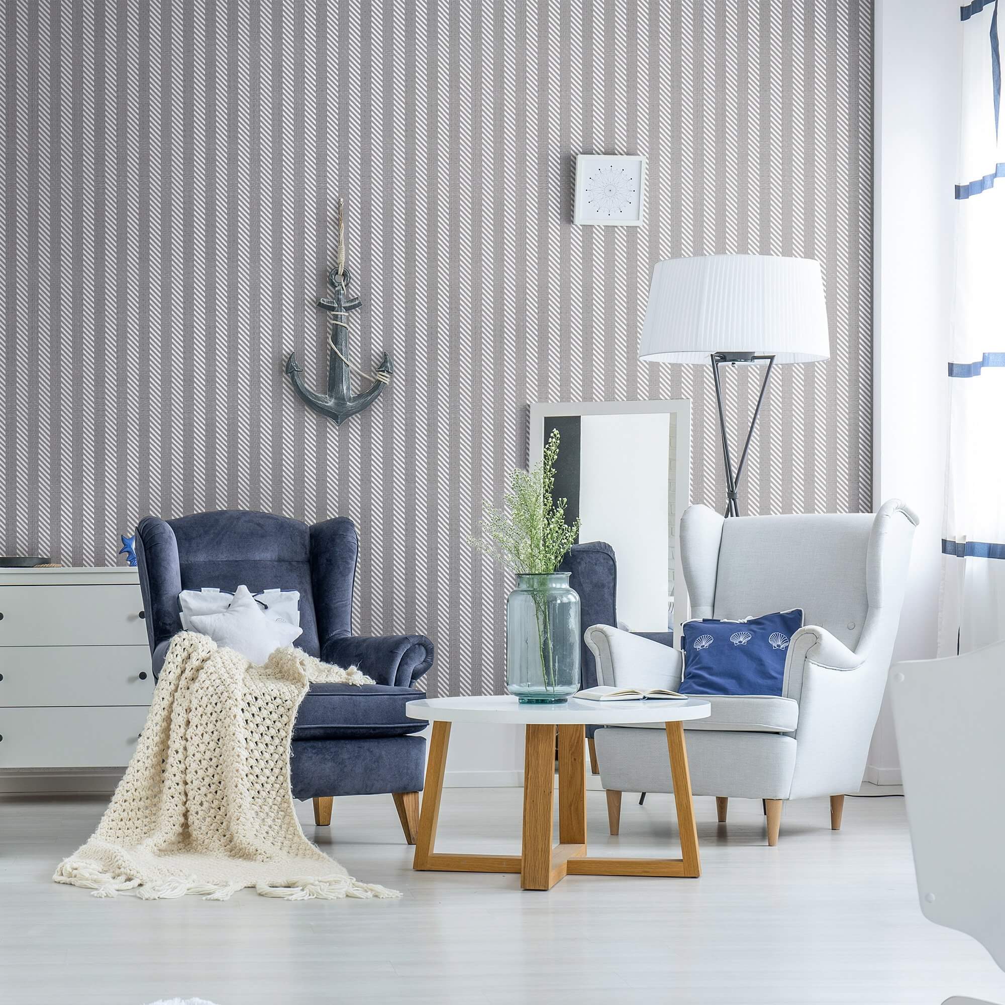 Grey and White Striped Nautical Peel and Stick Removable Wallpaper 9211 - Self-Adhesive Decorative Wall Covering for Bedroom, Nursery, Office & Home Decor