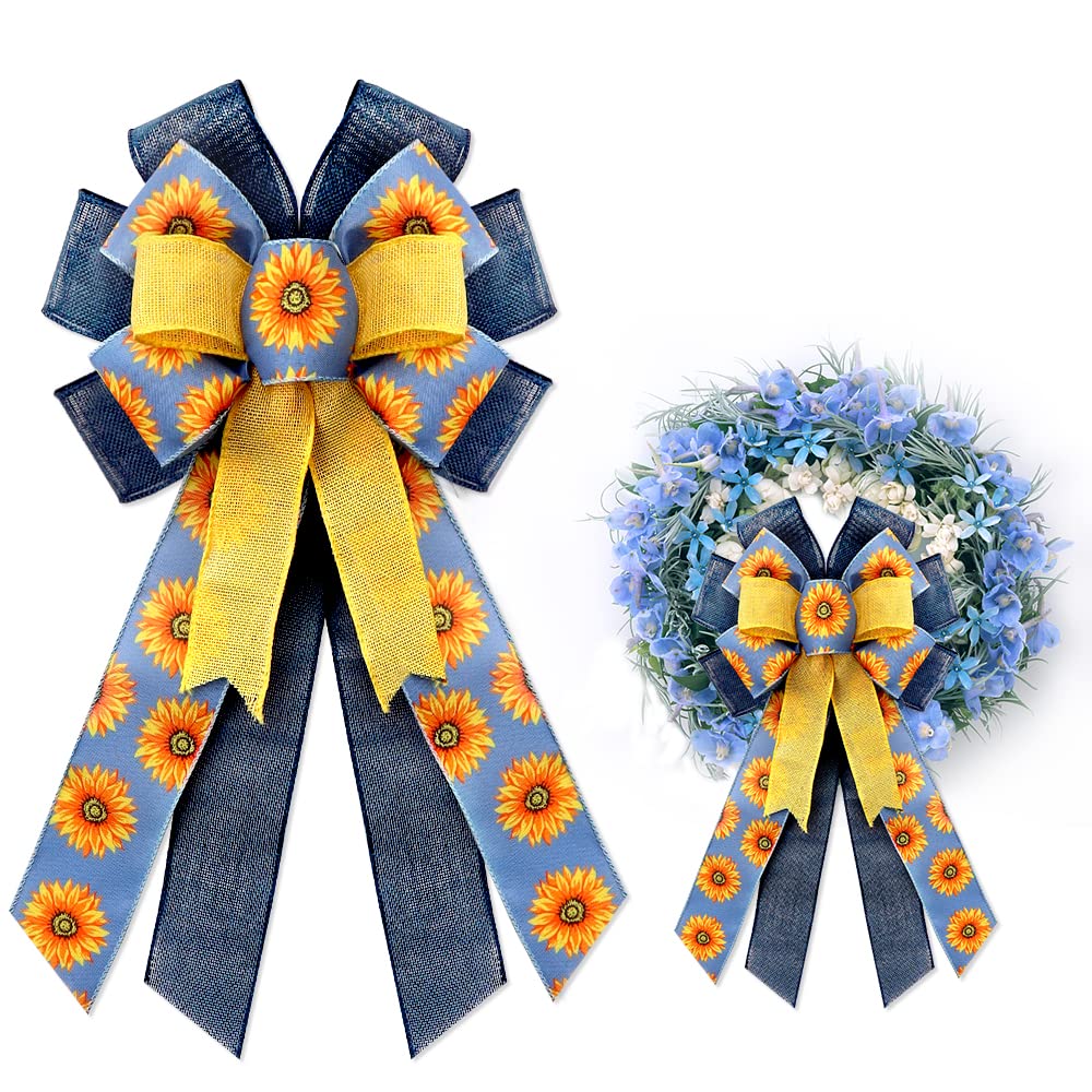 Large Sunflower Wreath Bows - Spring Blue Yellow Farmhouse Decor for Door