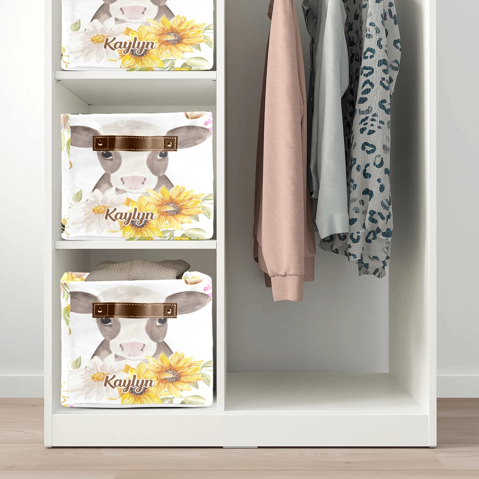 Personalized Farm Cow Sunflower Bee Storage Bins - Durable Handled Organizer Basket for Shelves, Wardrobe, Nursery & Toy Storage (1 Pack) - Perfect for Kids' Room Organization & Home Decor