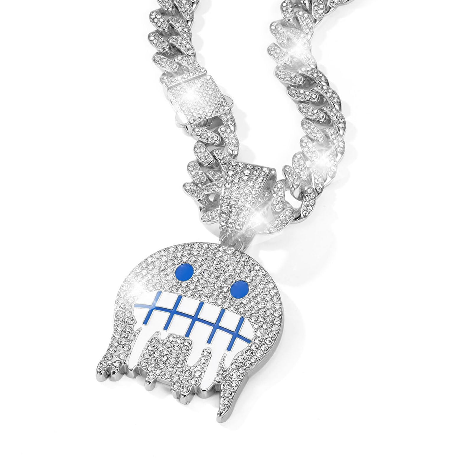 Hip Hop Cuban Chain Necklace for Men - Smiling Face Rhinestone Pendant, Silver & Gold Mens Fashion Jewelry - Perfect for Streetwear, Parties & Gifts