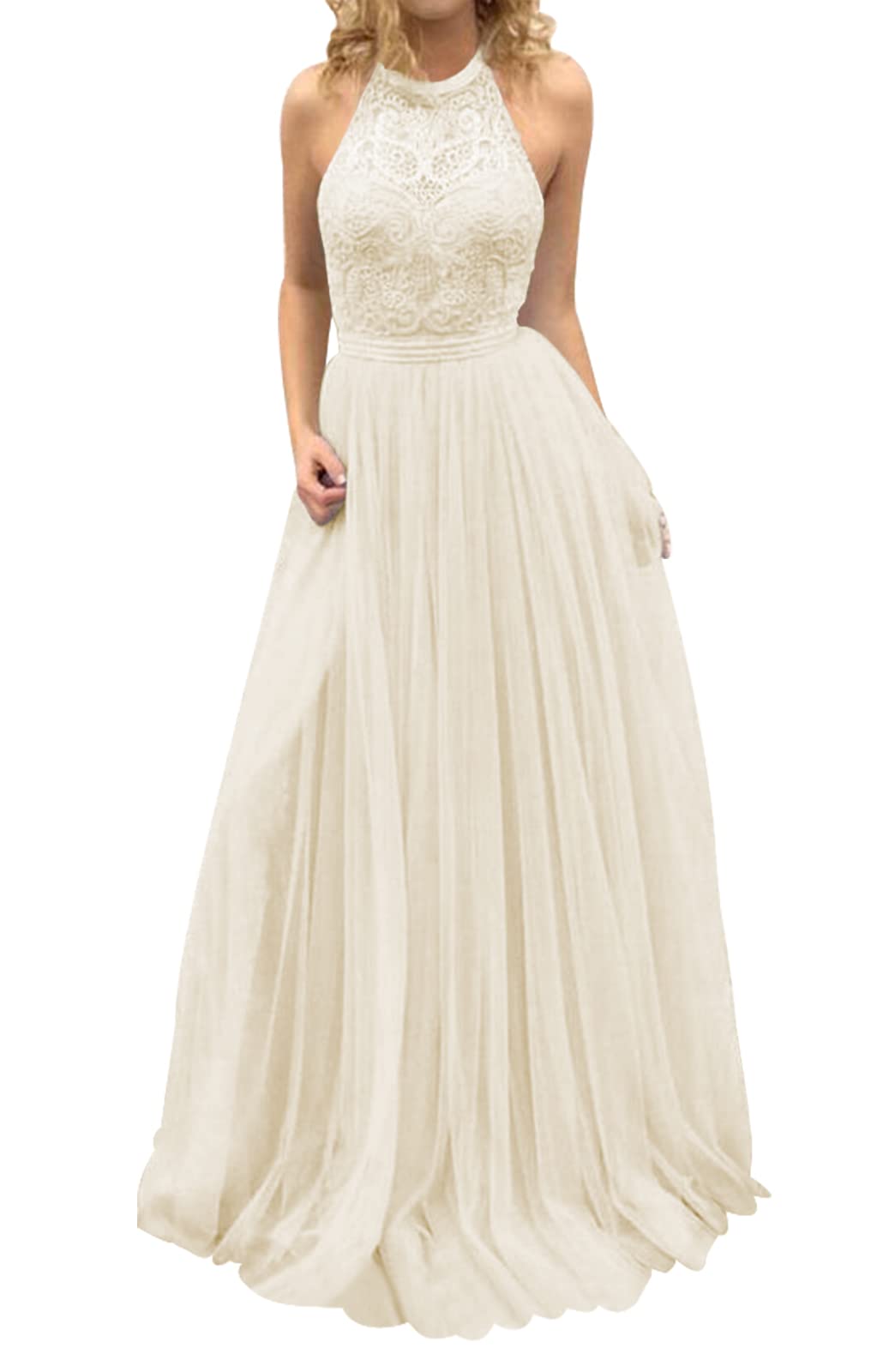 Elegant Halter Prom Dress with Lace & Tulle - Long Formal Evening Gown for Bridesmaid & Wedding Guest | Perfect for Prom Night, Homecoming & Special Occasions
